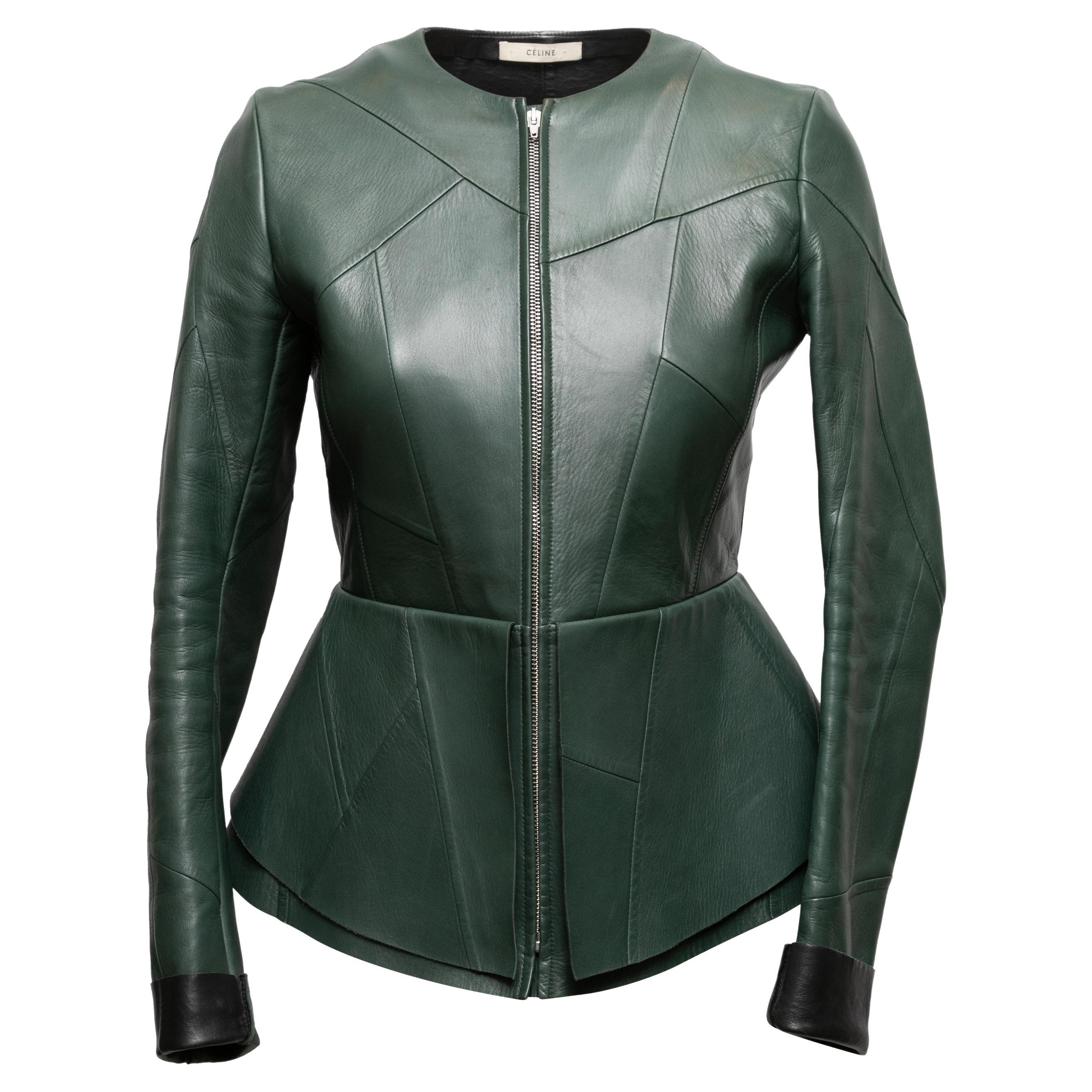 Dark Green Celine Leather Peplum Jacket Size FR 38