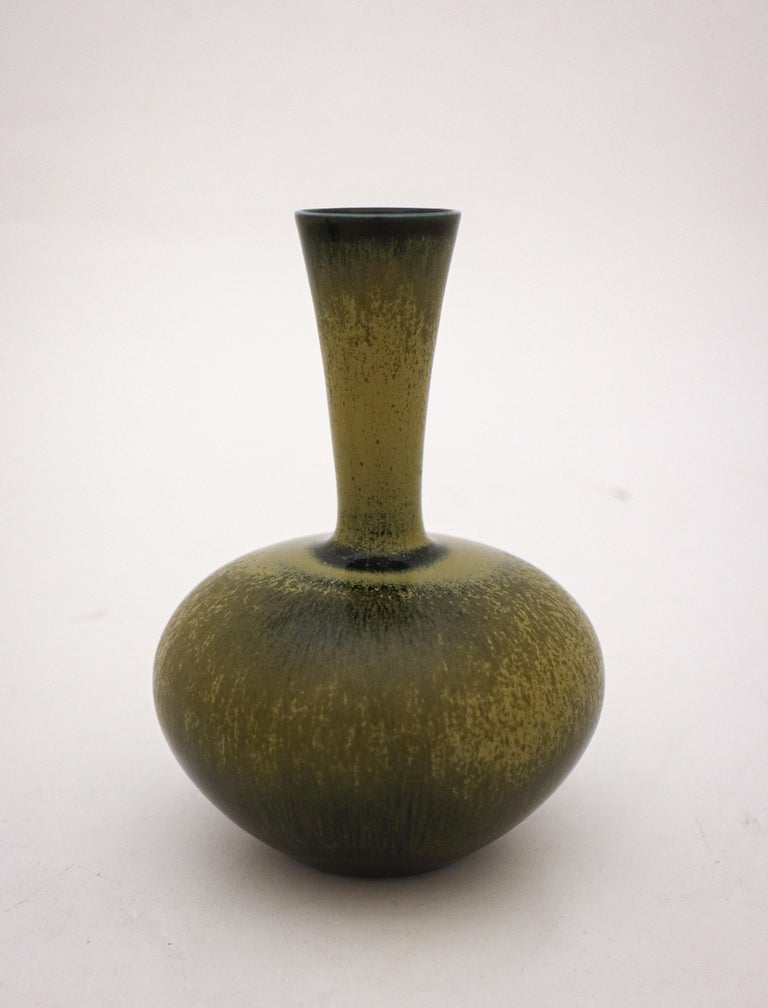 Scandinavian Modern Dark Green Ceramic Vase, Sven Wejsfelt, Gustavsberg 1986, Vintage For Sale