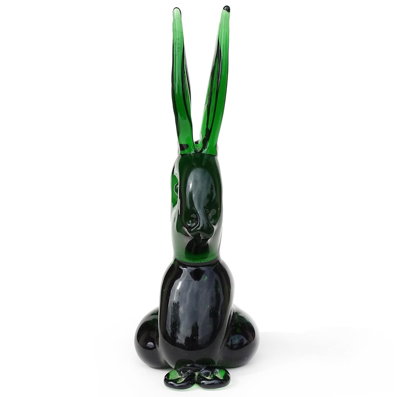 Cute vintage handblown dark green with controlled bubbles, Italian art glass bunny rabbit sculpture / figure. It does not have a label, but I have owned previous ones with a 