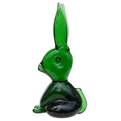 Dark Green Controlled Bubbles Italian Art Glass Retro Bunny Rabbit Figurine