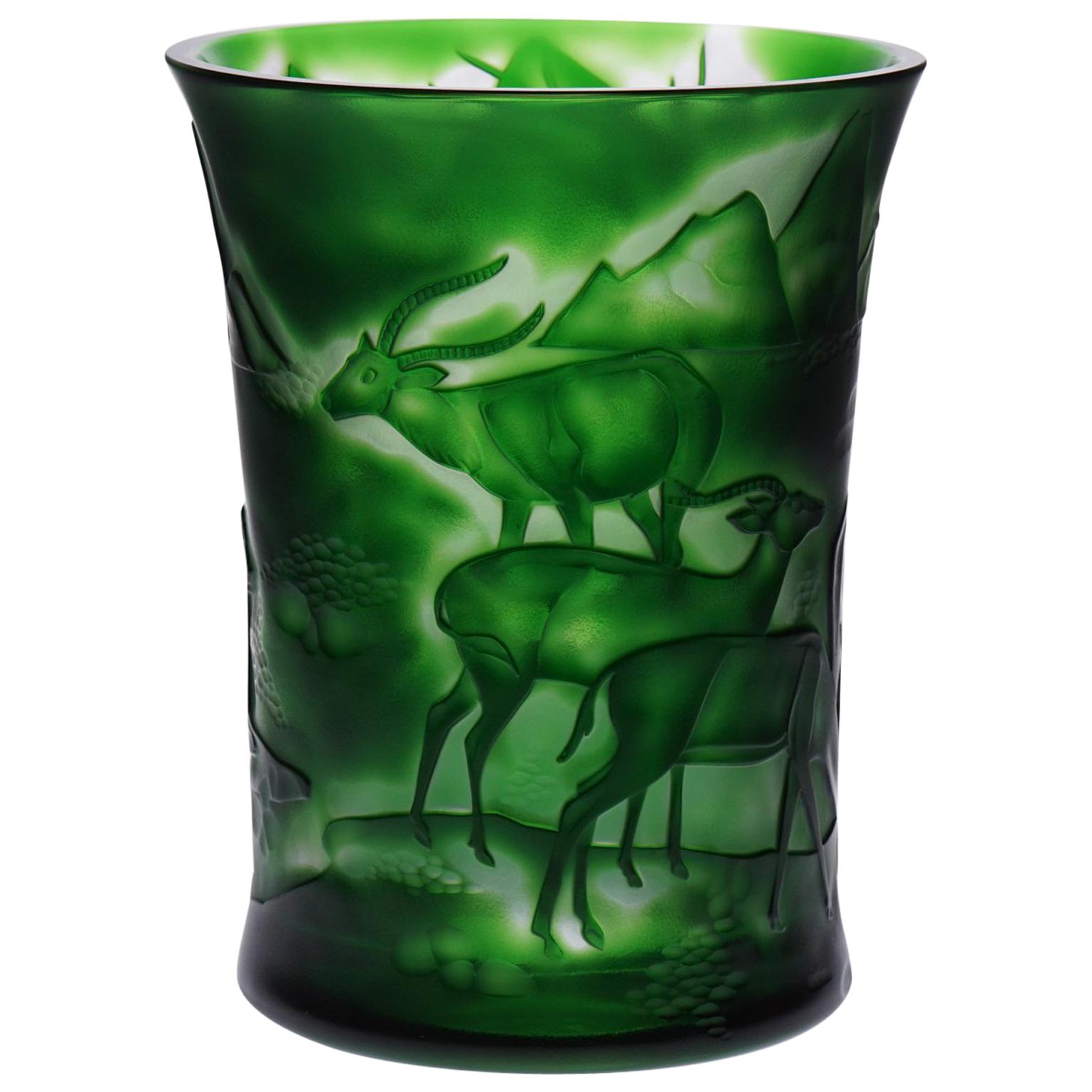 Dark Green Crystal Vase Design Nature Gazelle & Panther For Sale