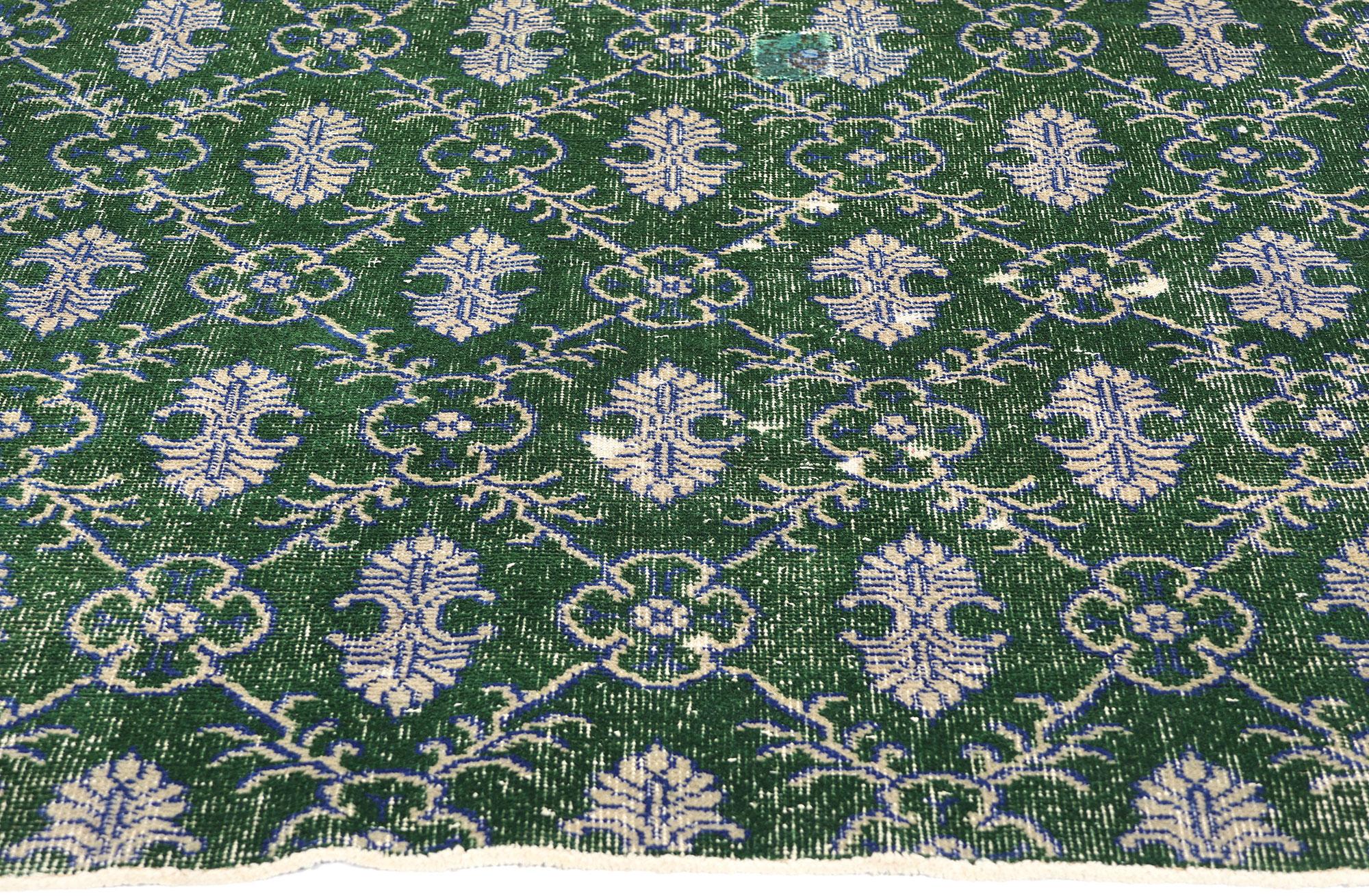Hand-Knotted Dark Green Vintage Turkish Sivas Rug, Art Nouveau Meets Biophilic Design For Sale