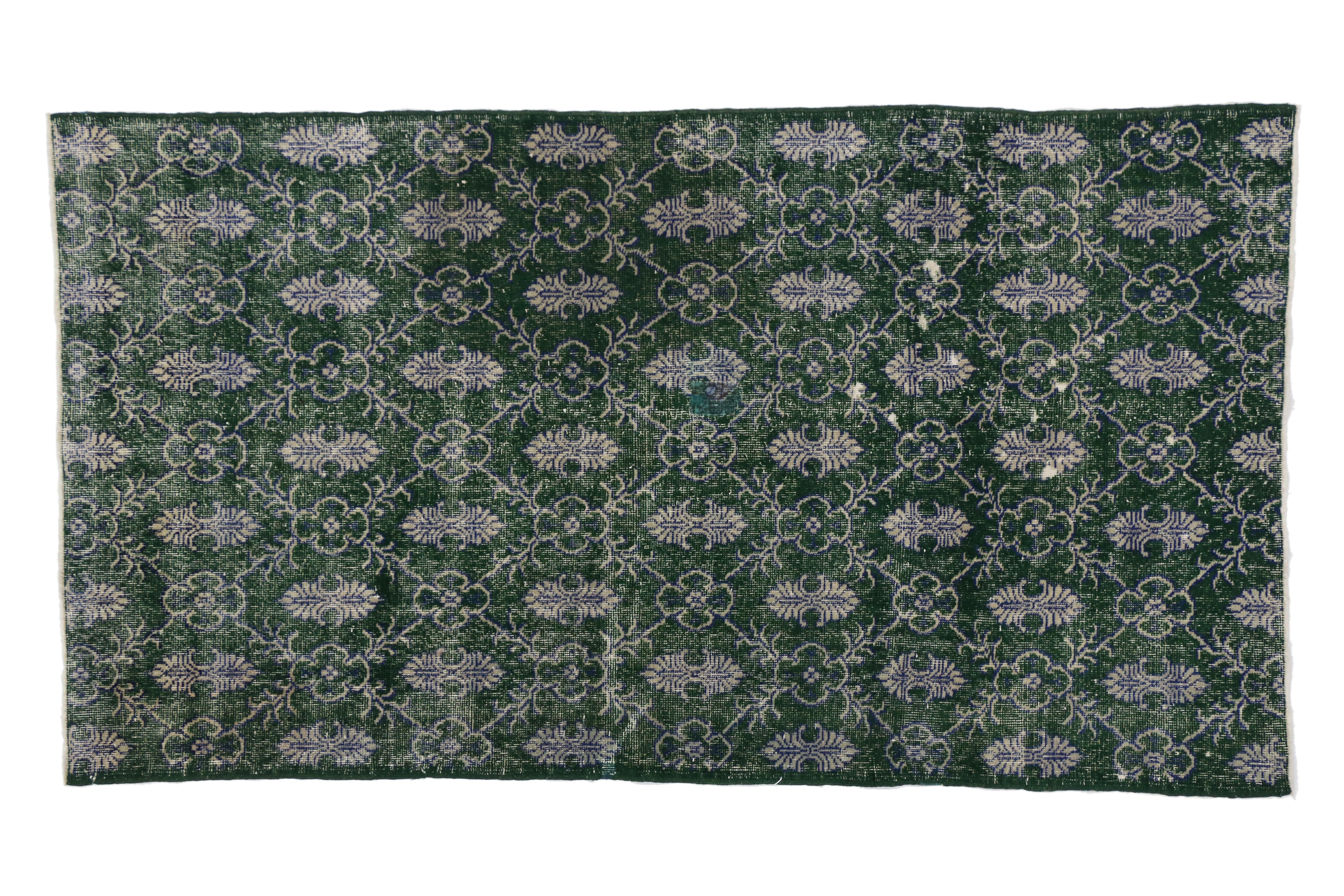 Hand-Knotted Dark Green Distressed Vintage Turkish Sivas Rug with Industrial Art Deco Style For Sale
