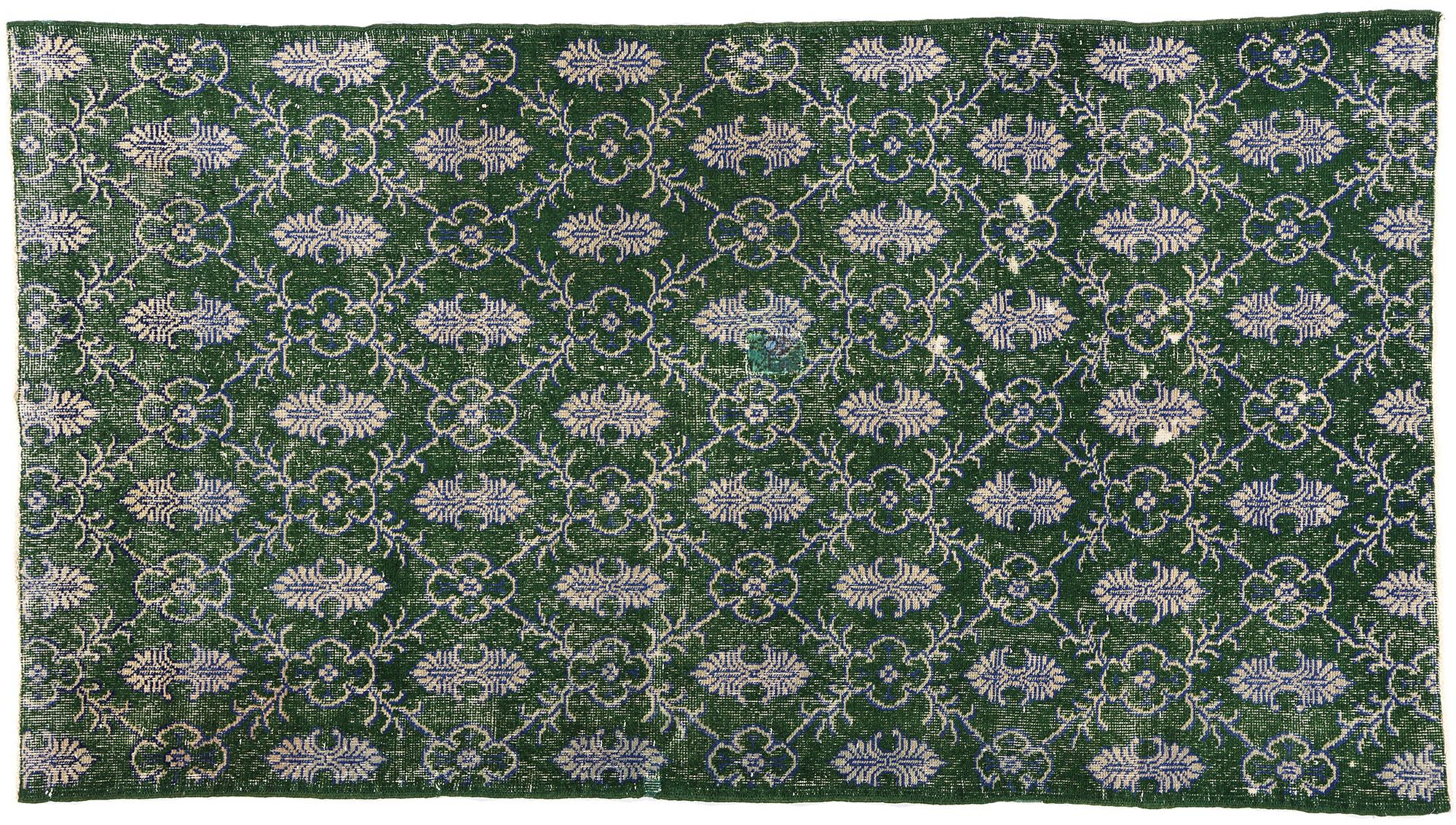 Dark Green Vintage Turkish Sivas Rug, Art Nouveau Meets Biophilic Design For Sale 3