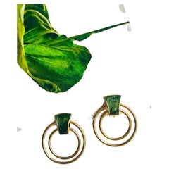 Dark Green Enamel Double Round Circle Openwork Hoop Gold Modernist Clip Earrings