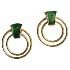 Dark Green Enamel Gold Double Round Circle Openwork Hoop Elegant Clip Earrings