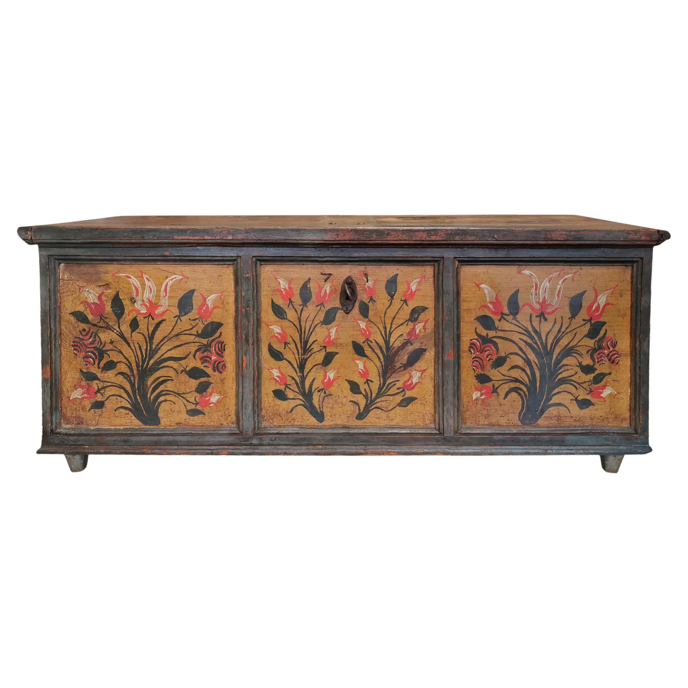 Dark Green Floral Painted Blanket Chest Early 19th Century