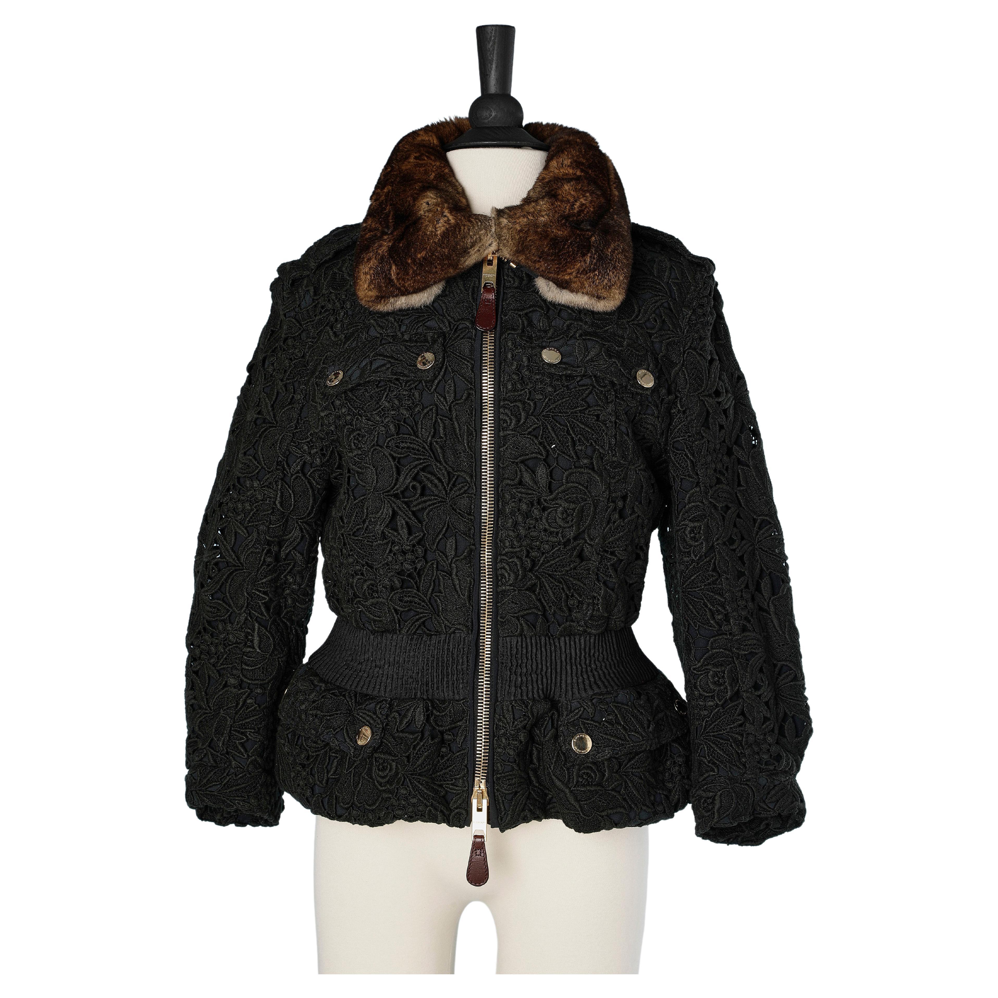 Dark green guipure jacket with removable furs collar Burberry Prorsum  For Sale