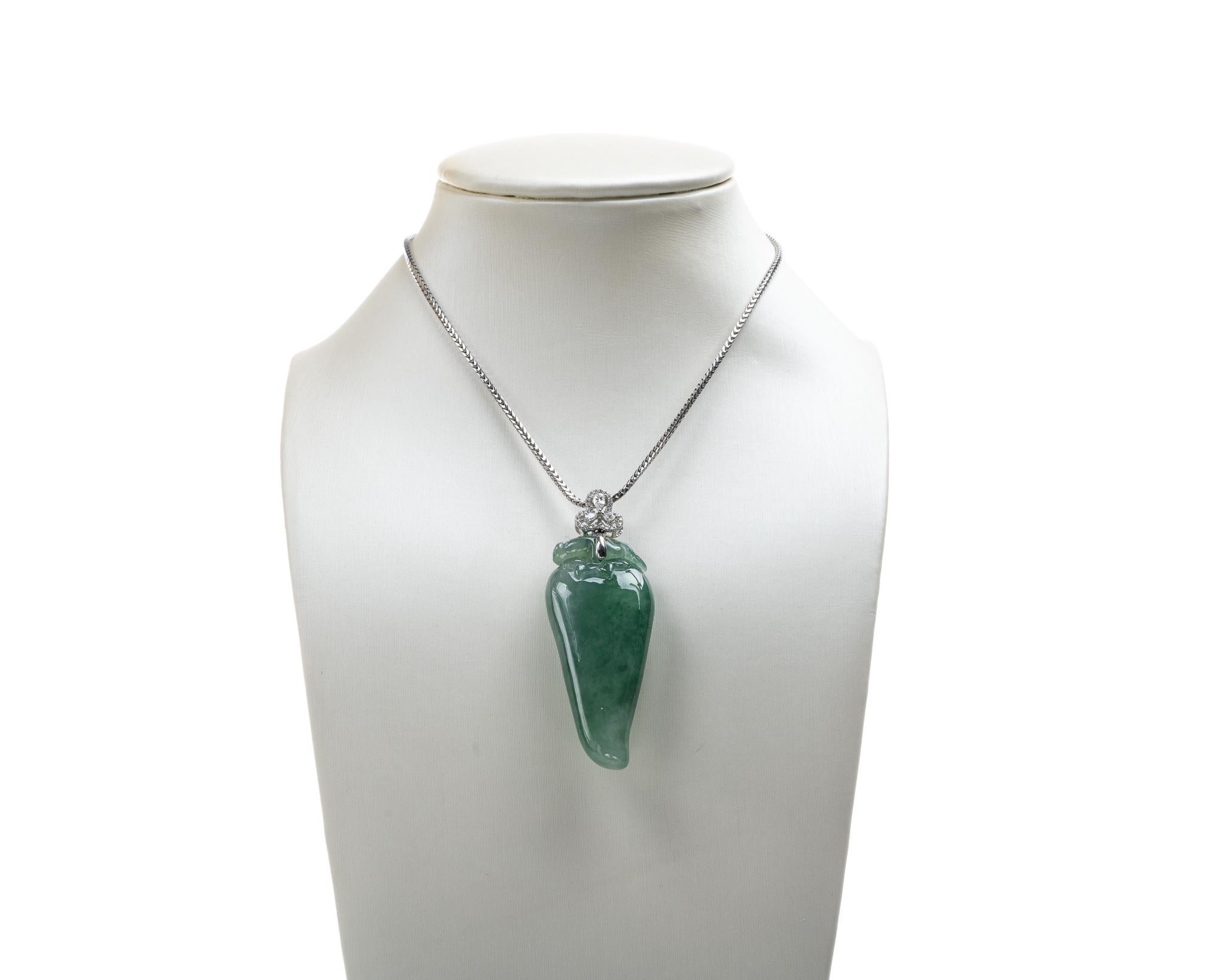 Contemporary Dark Green Jadeite Jade Chili Pepper and Diamond Pendant, Certified Untreated For Sale