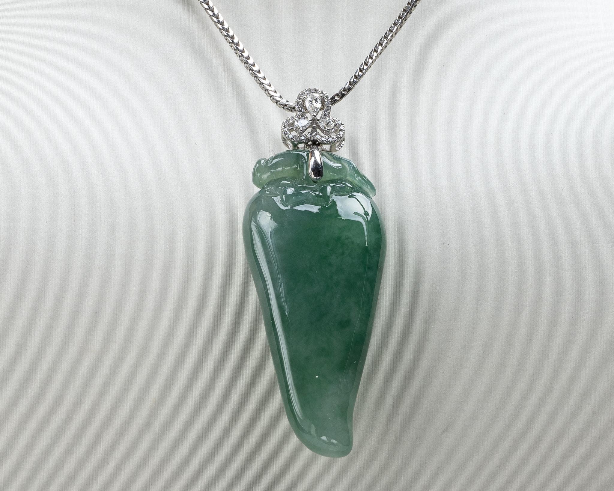 Rough Cut Dark Green Jadeite Jade Chili Pepper and Diamond Pendant, Certified Untreated For Sale