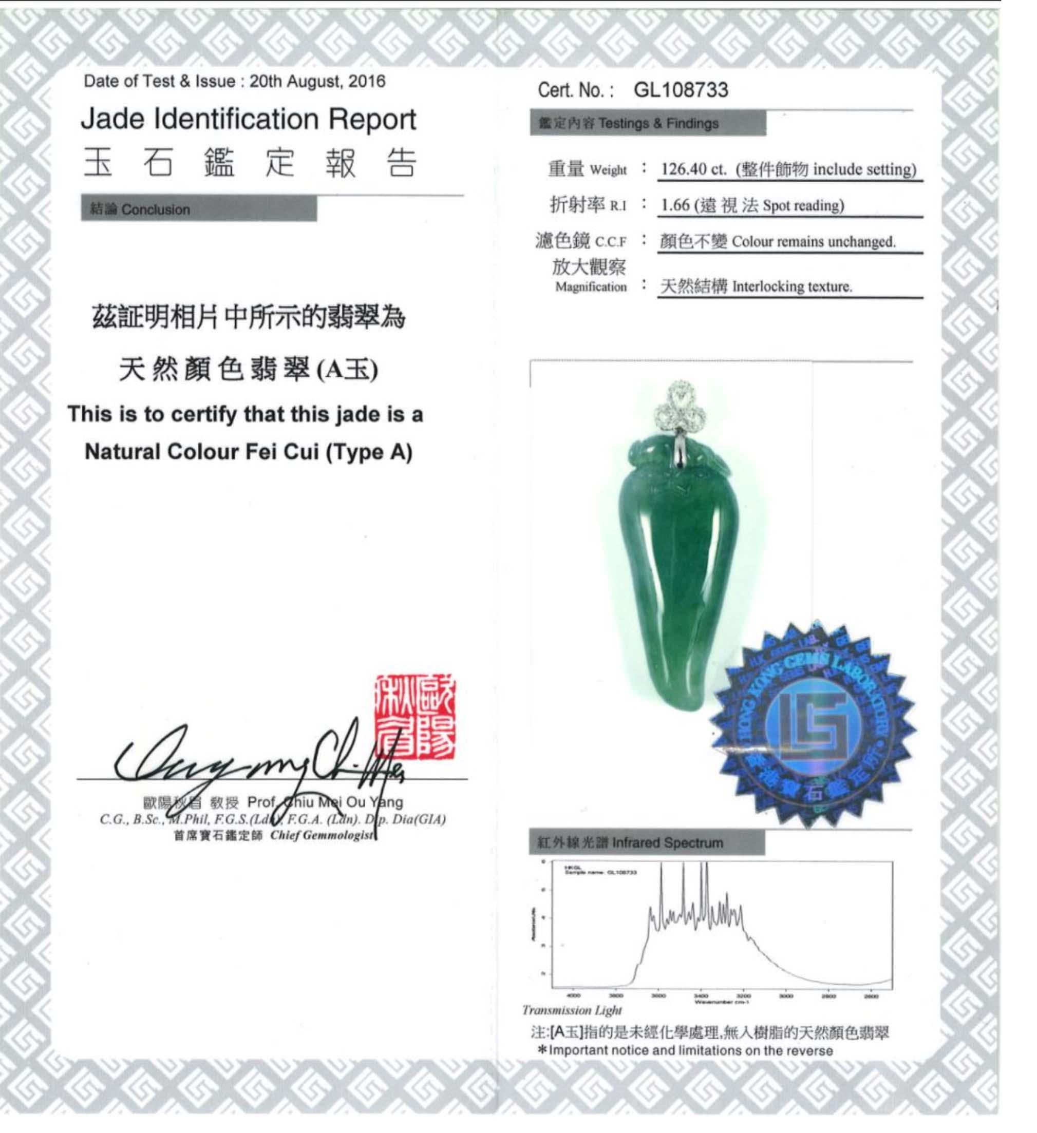 Dark Green Jadeite Jade Chili Pepper and Diamond Pendant, Certified Untreated In New Condition For Sale In San Francisco, CA