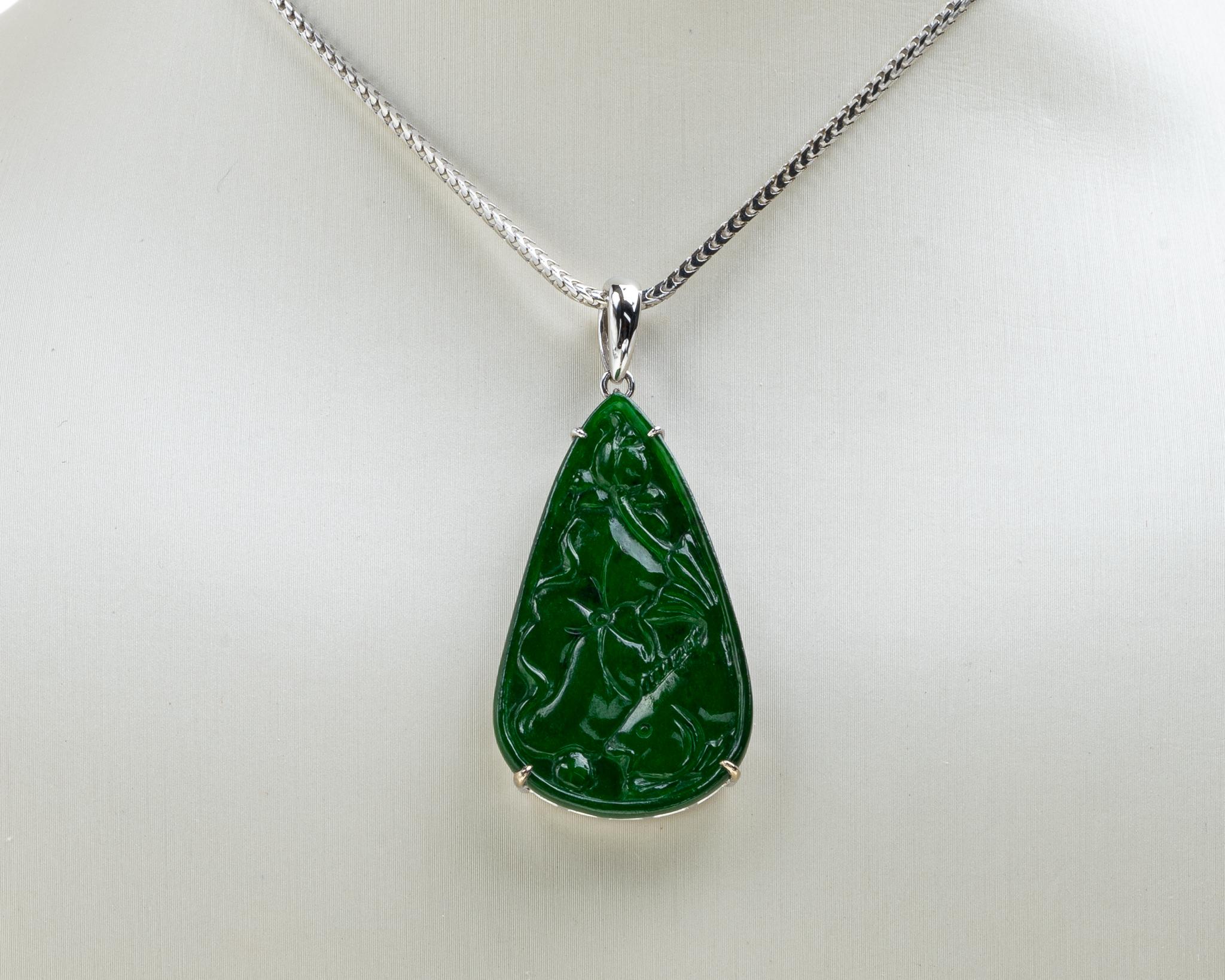 Dark Green Jadeite Jade Lotus Leaf and Fish Pendant, Certified Untreated In New Condition For Sale In San Francisco, CA