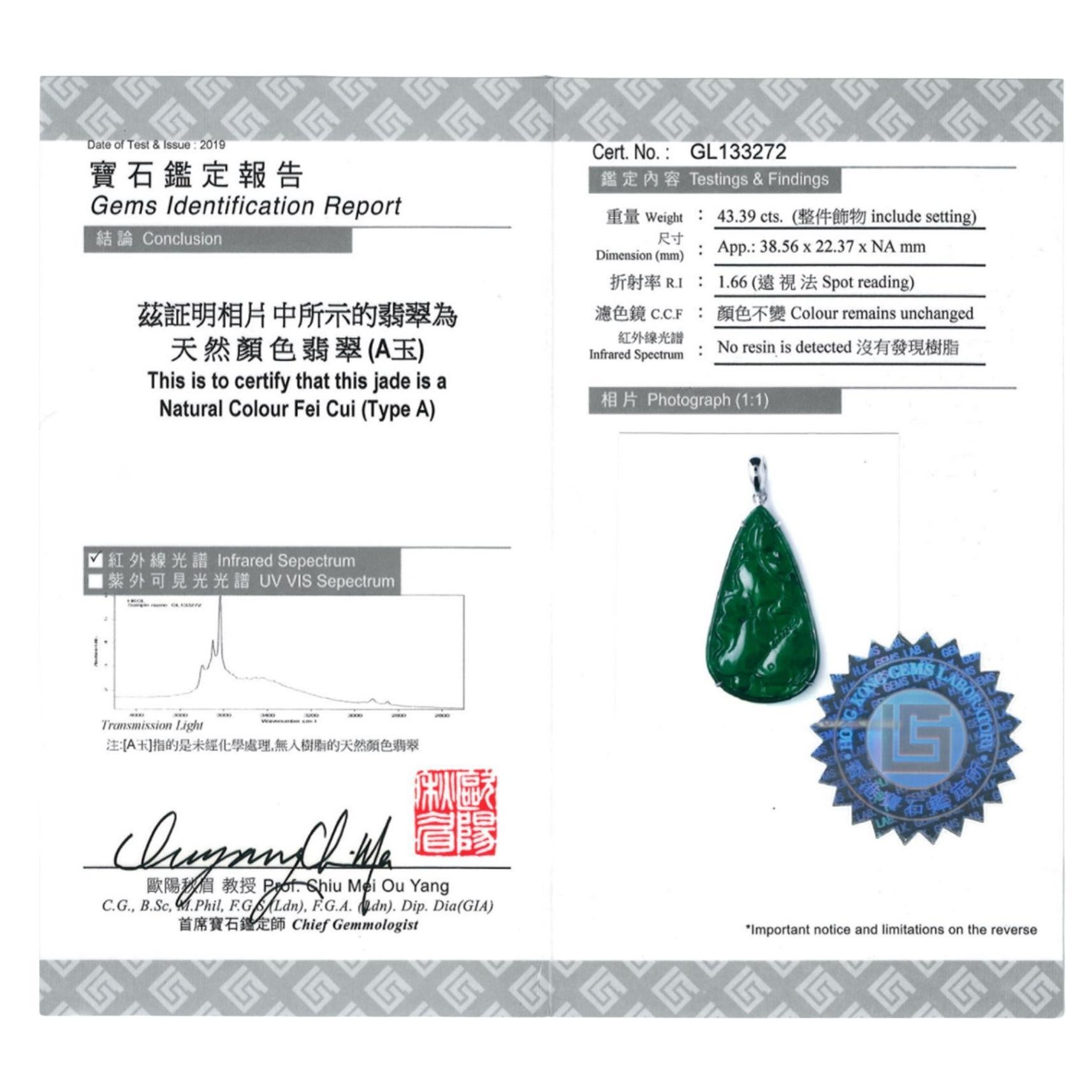 Women's or Men's Dark Green Jadeite Jade Lotus Leaf and Fish Pendant, Certified Untreated For Sale