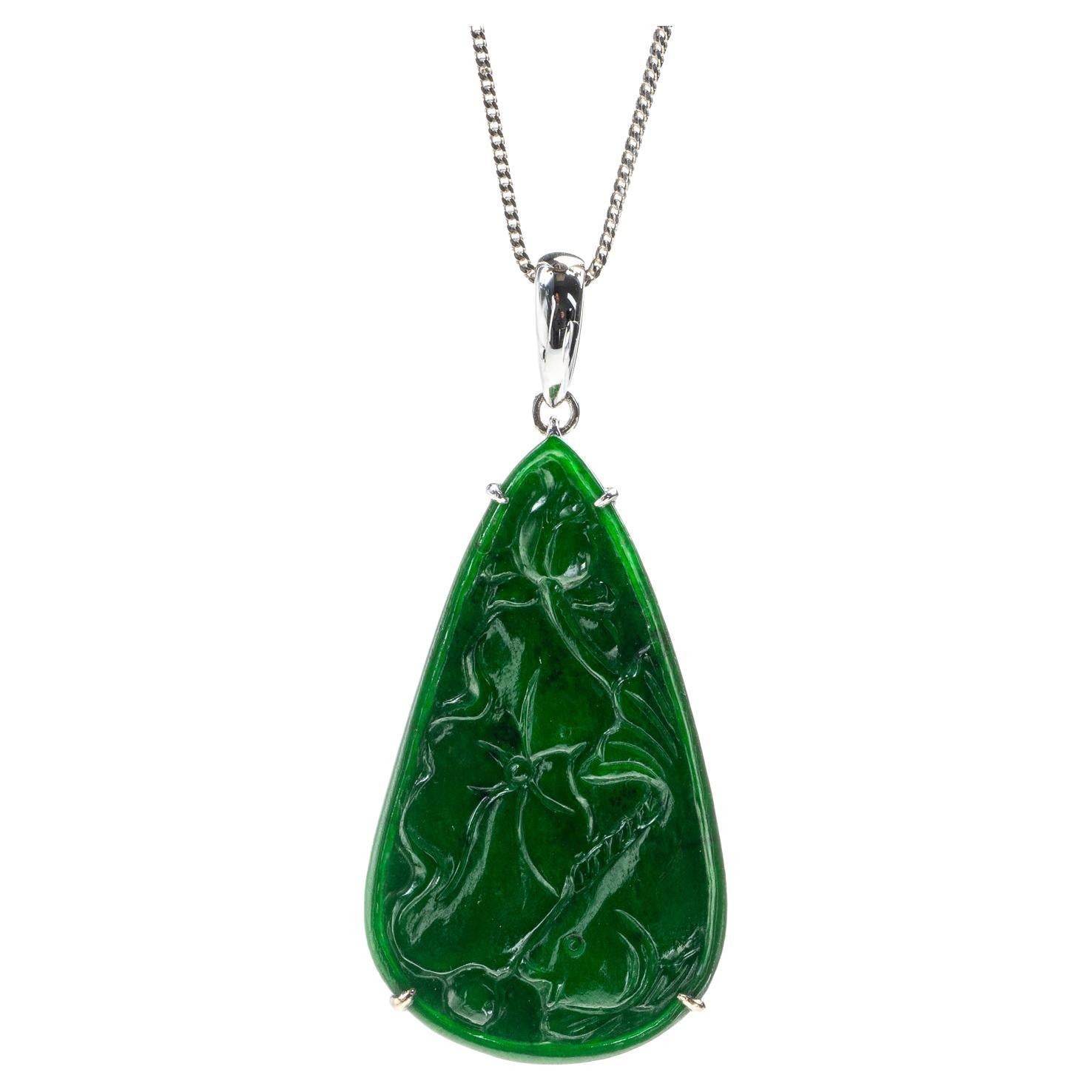 Dark Green Jadeite Jade Lotus Leaf and Fish Pendant, Certified Untreated For Sale