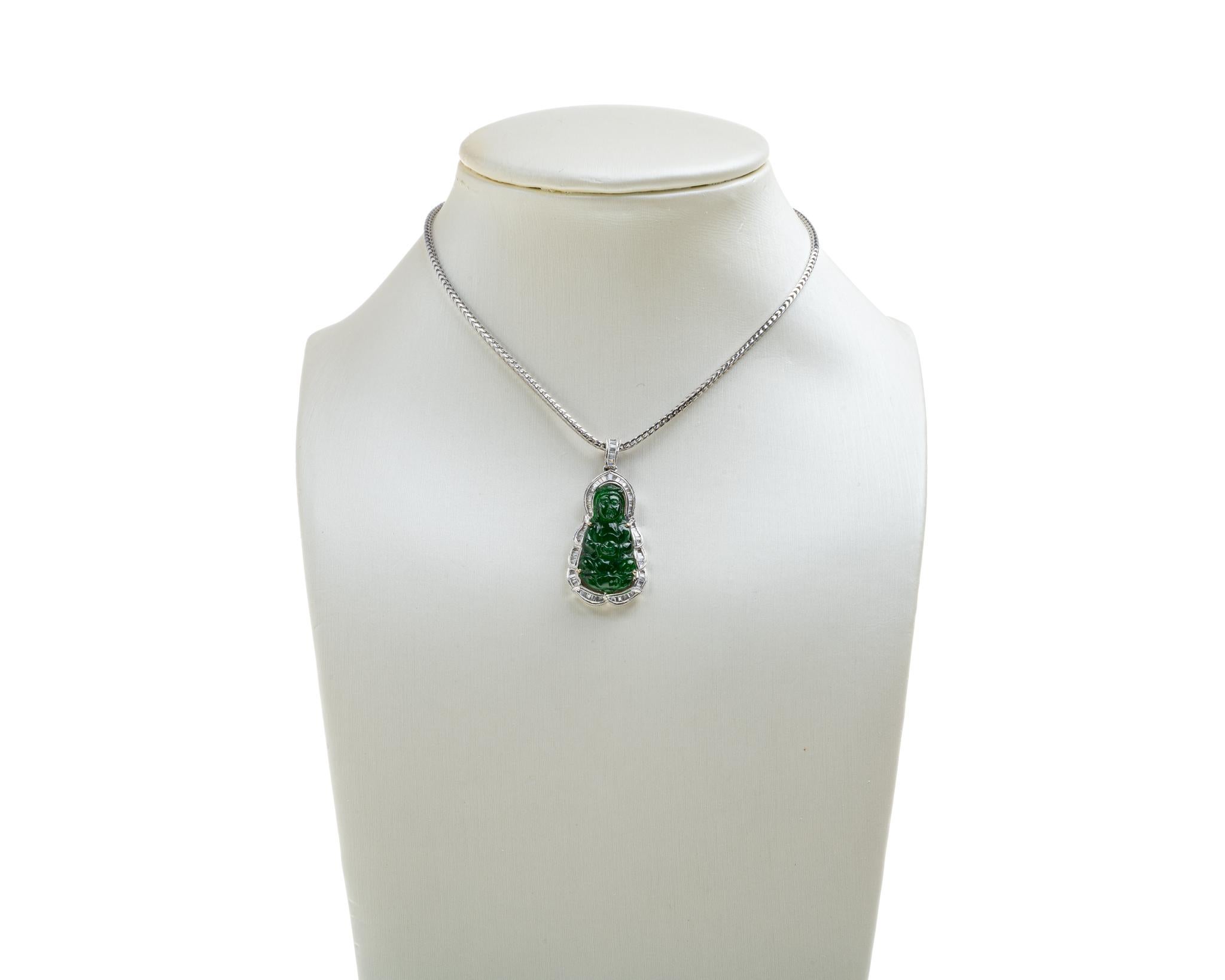 Contemporary Dark Green Jadeite Jade Quan Yin and Diamond Pendant, Certified Untreated For Sale