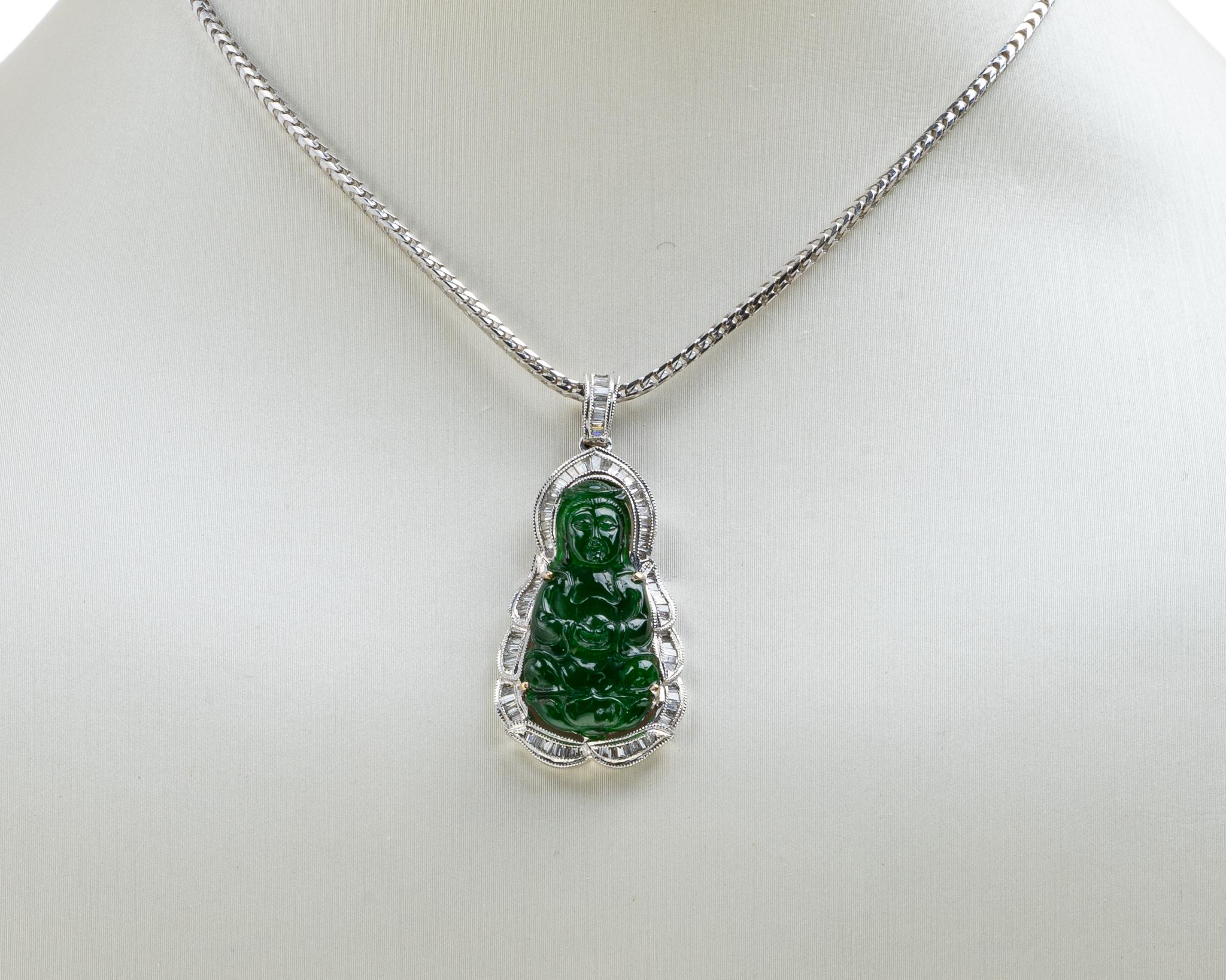 Rough Cut Dark Green Jadeite Jade Quan Yin and Diamond Pendant, Certified Untreated For Sale