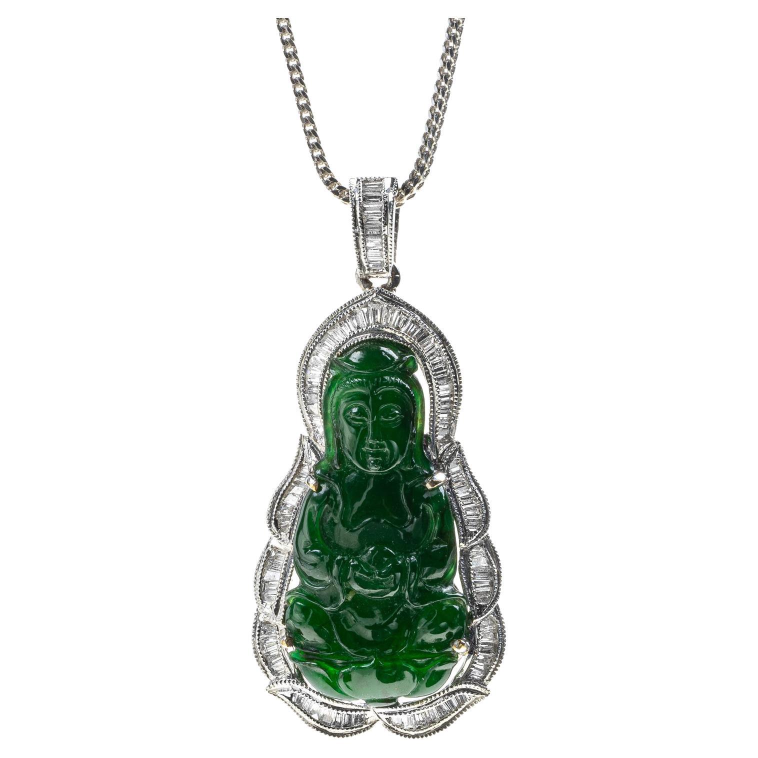 Dark Green Jadeite Jade Quan Yin and Diamond Pendant, Certified Untreated For Sale