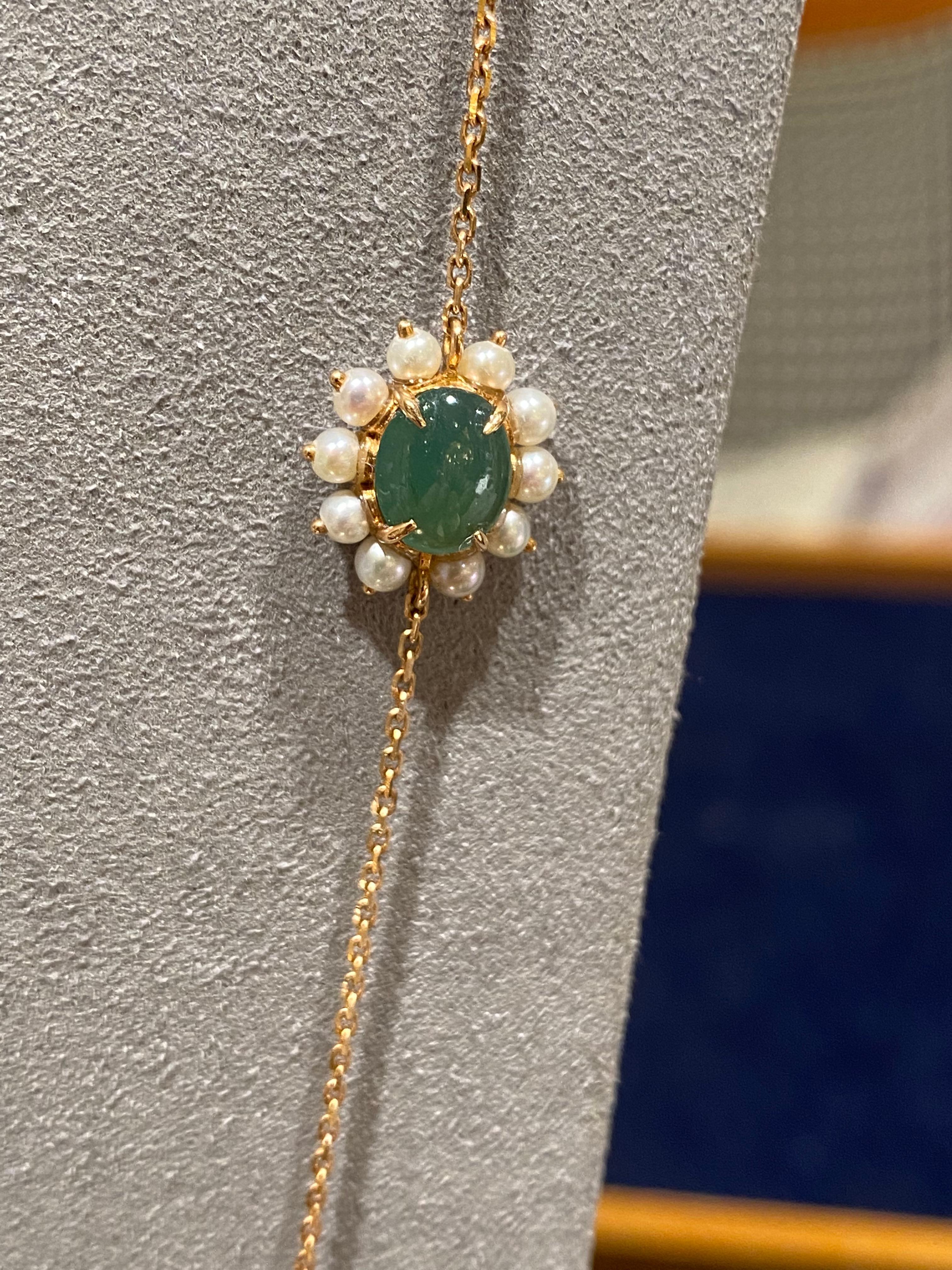 Contemporary Eostre Type A Jadeite and Seed Pearl Necklace in 18k Yellow Gold For Sale