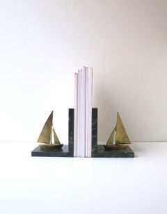 Dark Green Marble Brass Sailboat Nautical Bookends, Pair