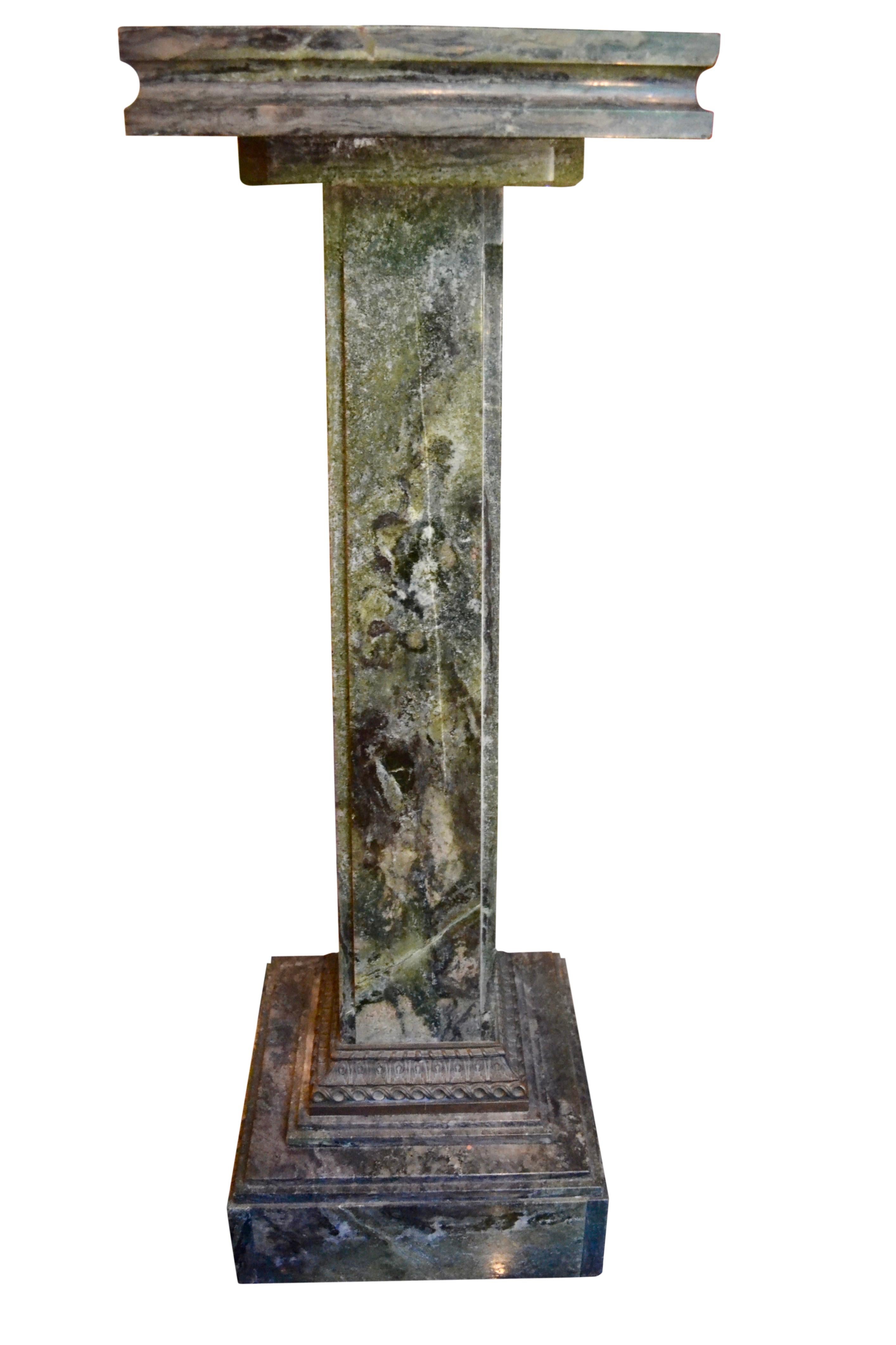 Neoclassical Dark Green Marble Column with Bronze Moulding For Sale