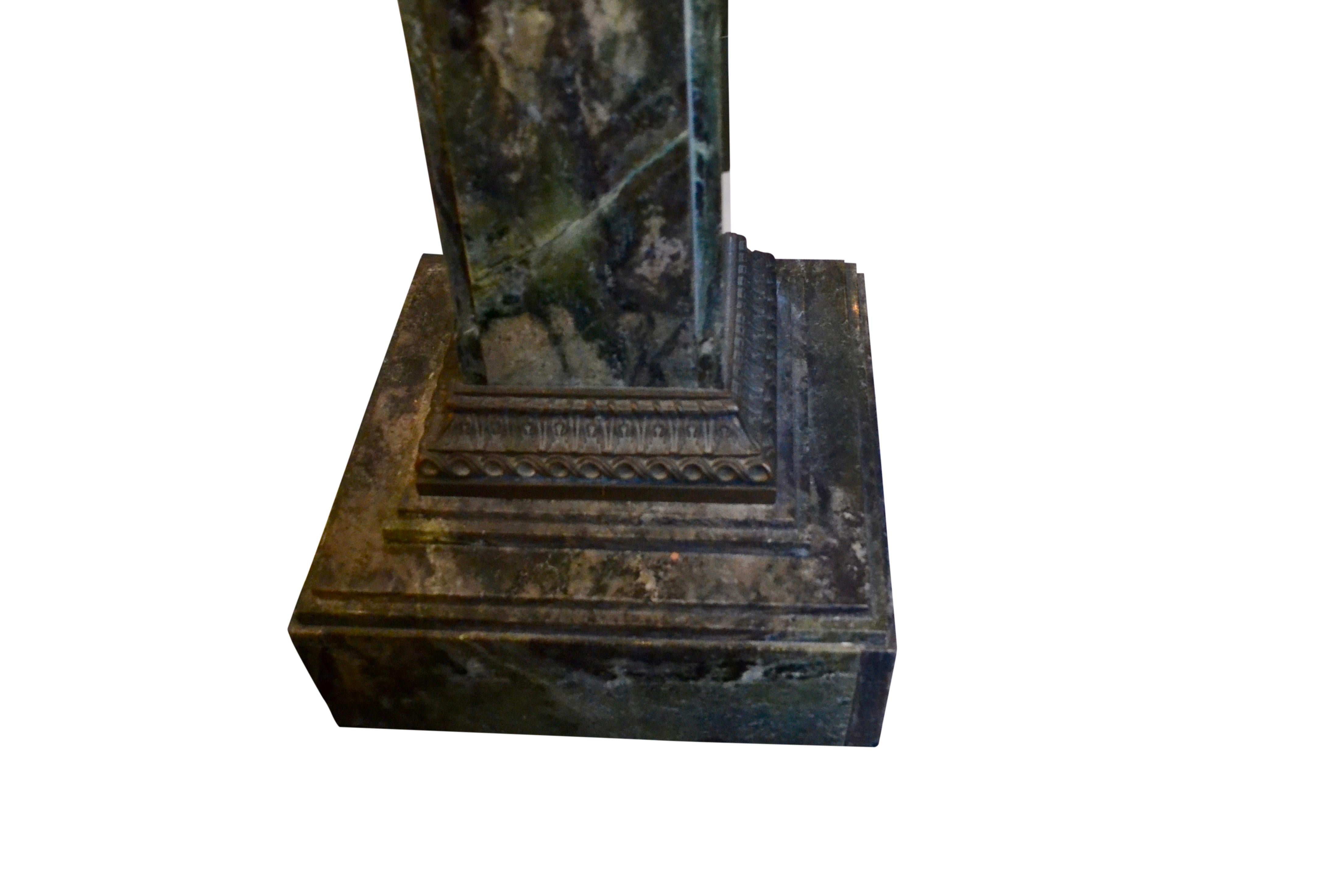 Italian Dark Green Marble Column with Bronze Moulding For Sale