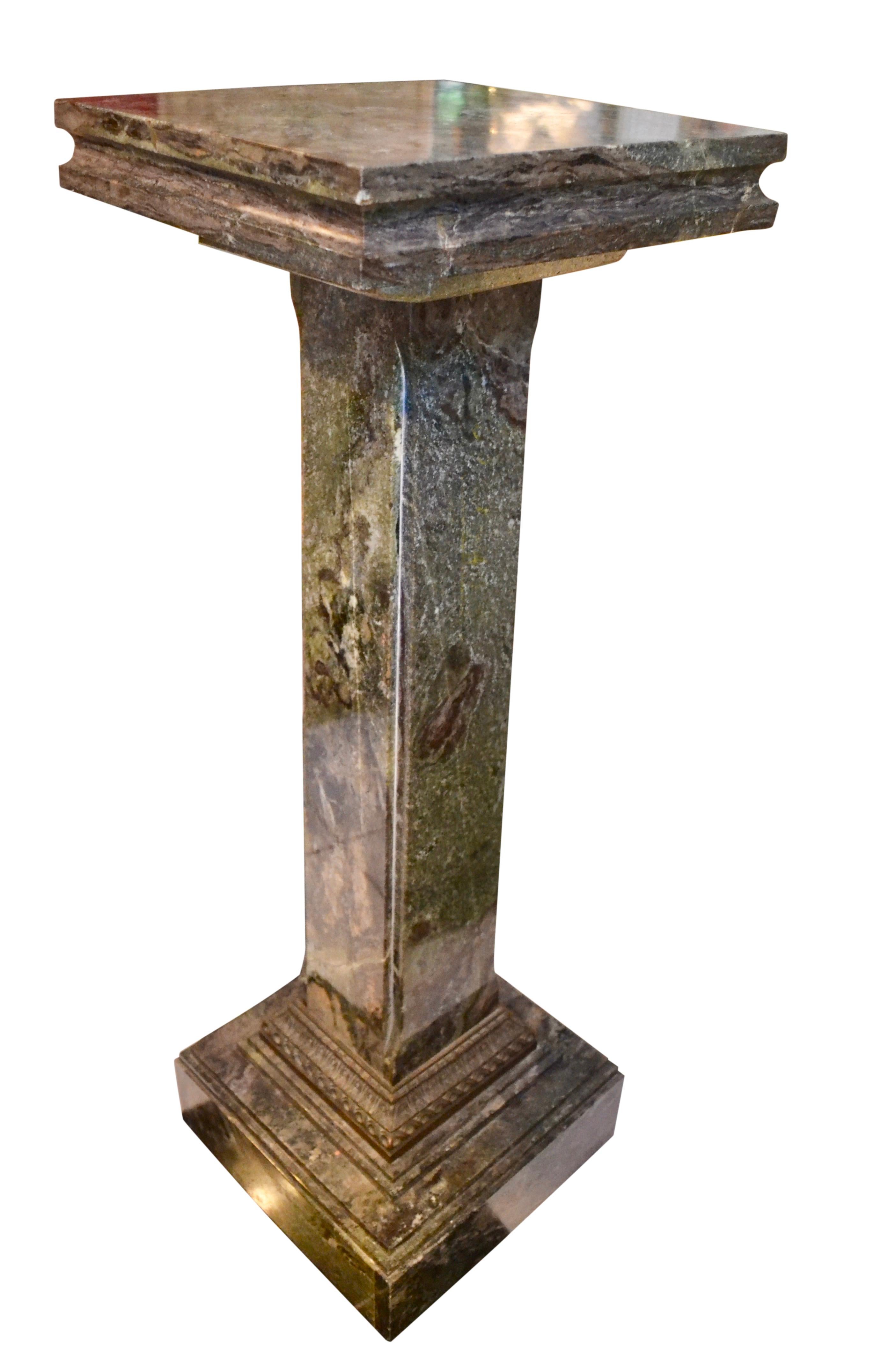 Hand-Carved Dark Green Marble Column with Bronze Moulding For Sale