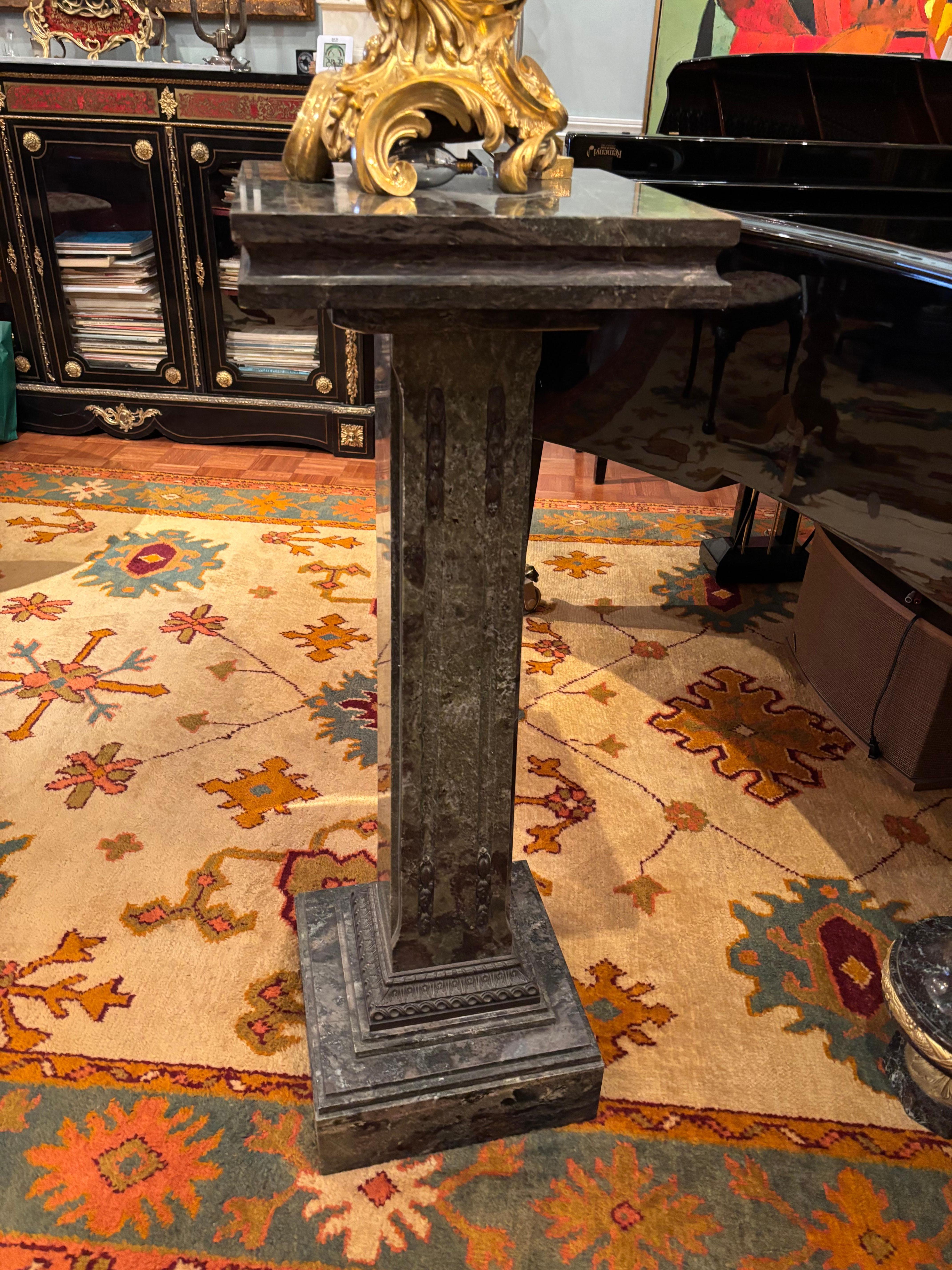 Dark Green Marble Column with Bronze Moulding For Sale 1