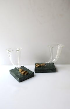 Dark Green Marble Gilt Bronze Fists Blown Glass Vases, Pair