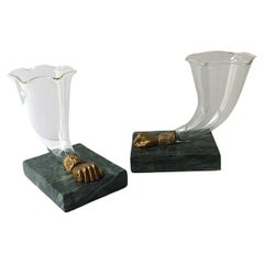 Dark Green Marble Gilt Bronze Fists Blown Glass Vases, Pair