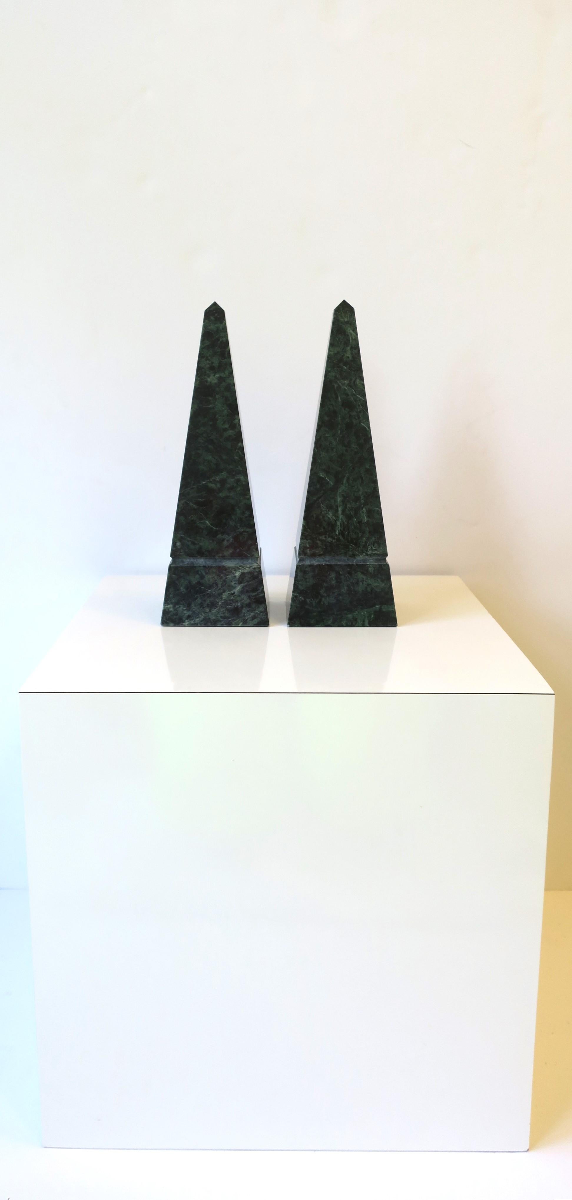 Polished Dark Green Marble Obelisks, Pair For Sale