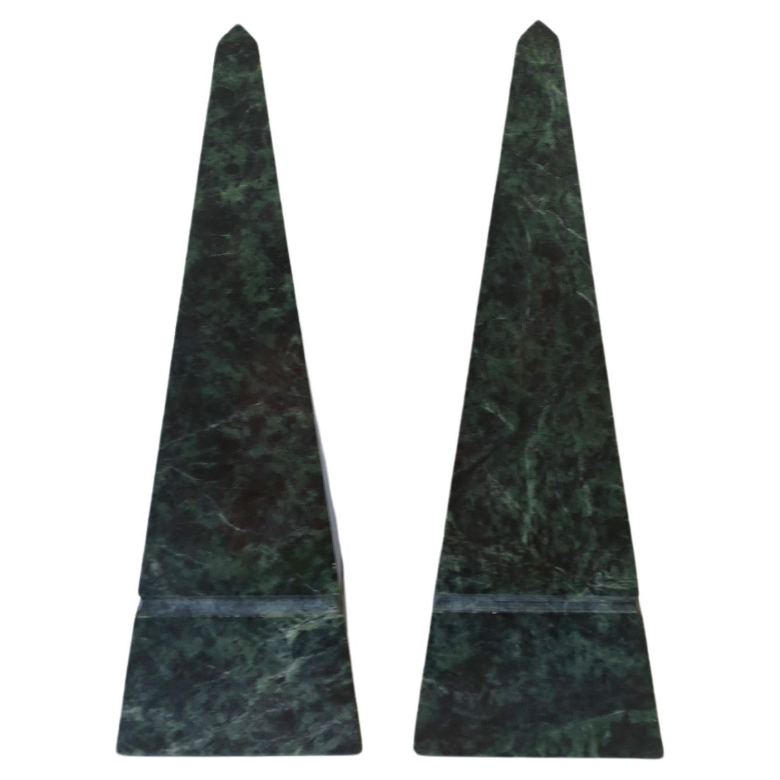 Dark Green Marble Obelisks, Pair For Sale