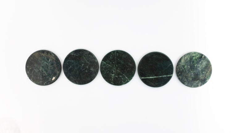 Post-Modern Dark Green Marble Stone Cocktail Coasters, Set of 5