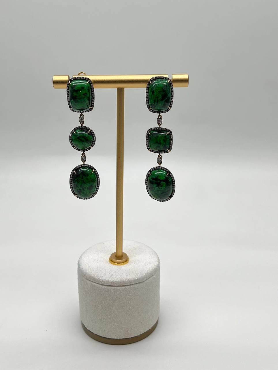 Mixed Cut Dark Green Maw Sit Sit Jade-albite Diamond Halo 18K Gold Statement Drop Earrings For Sale