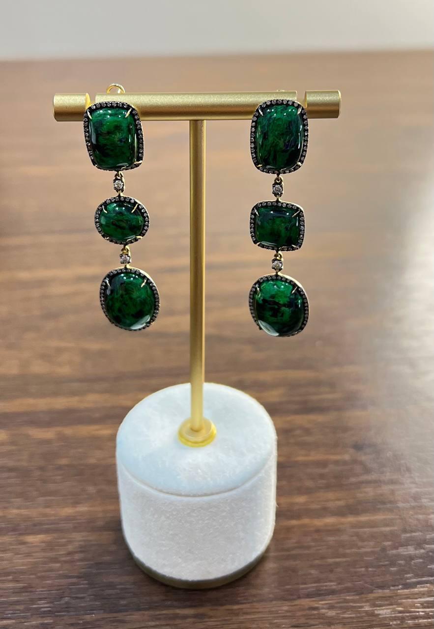 Dark Green Maw Sit Sit Jade-albite Diamond Halo 18K Gold Statement Drop Earrings For Sale 3