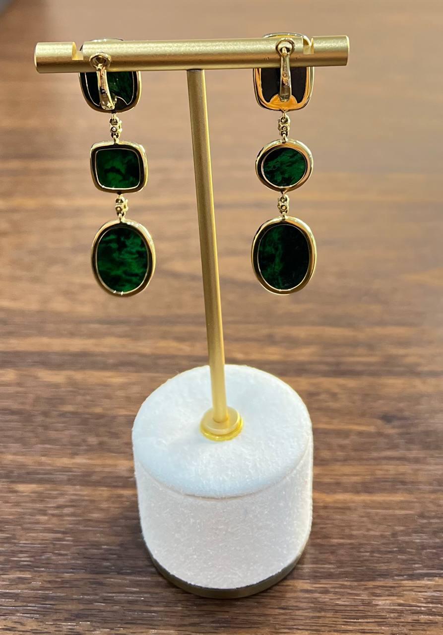 Dark Green Maw Sit Sit Jade-albite Diamond Halo 18K Gold Statement Drop Earrings For Sale 4