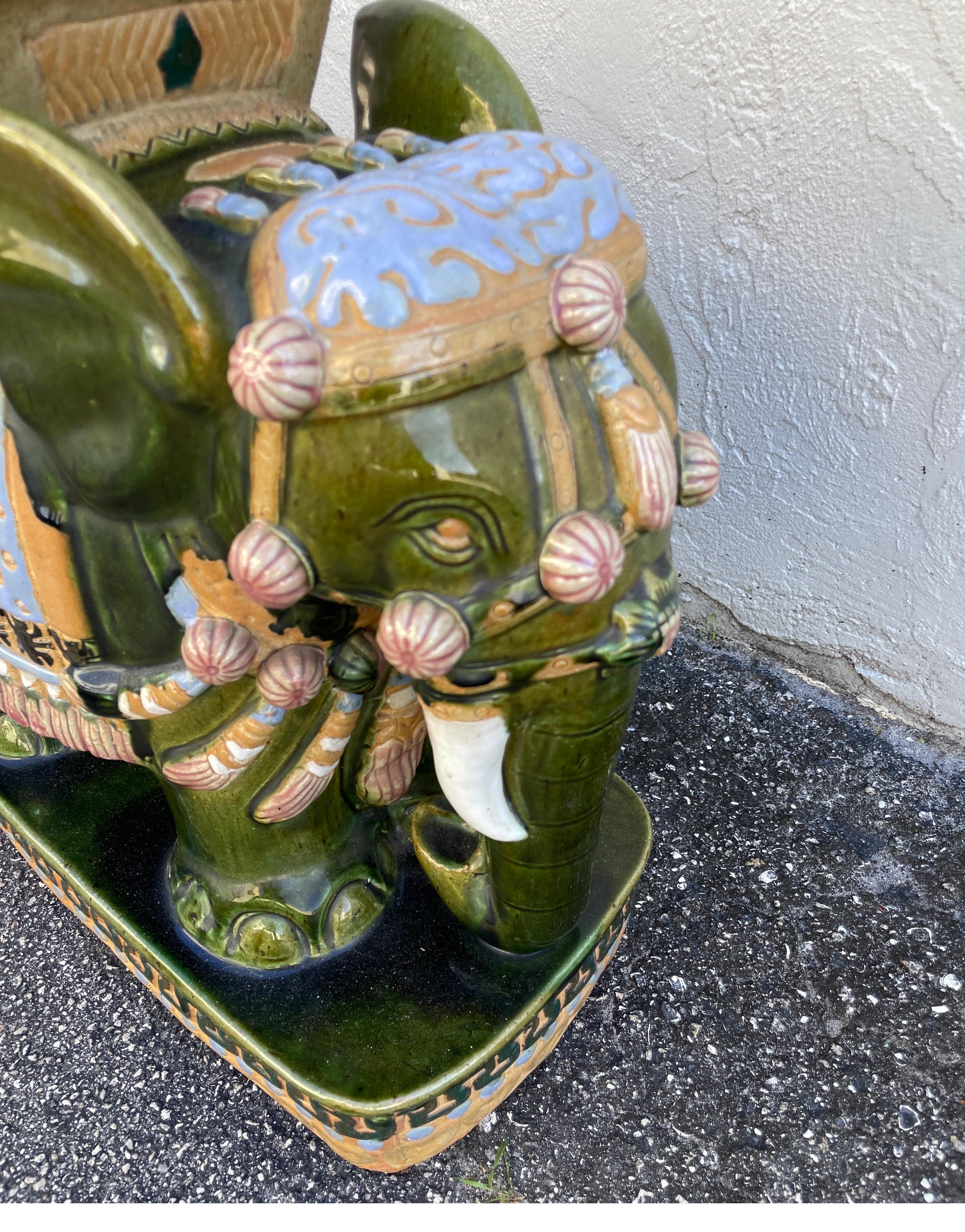 Very fine Asian Glazed Clay Elephant Garden seat. Background color is dark green with accents of gold, white, pink and light blue.
