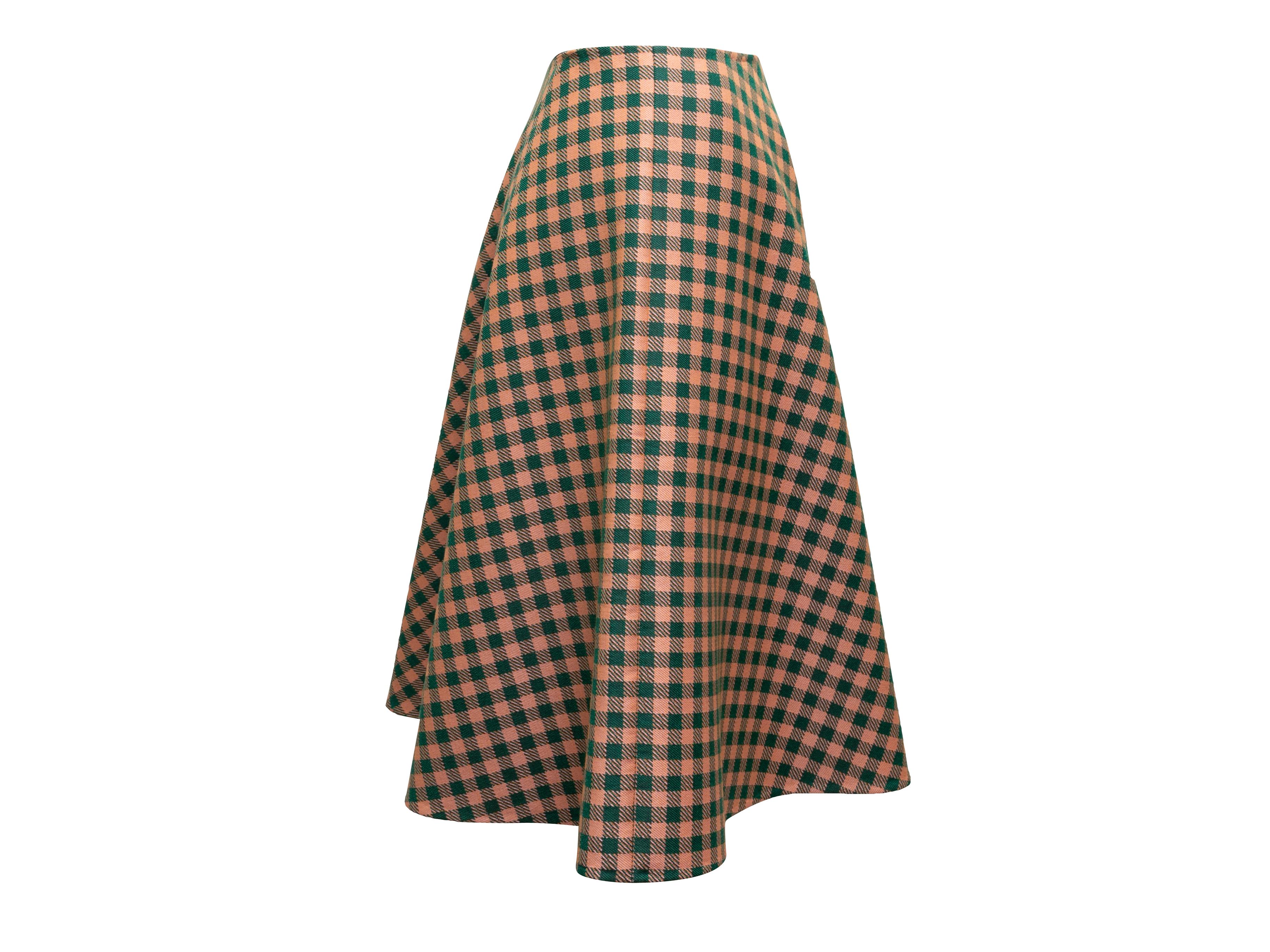 Dark green and orange virgin wool gingham A-line skirt by Prada. Side zip closure. 32