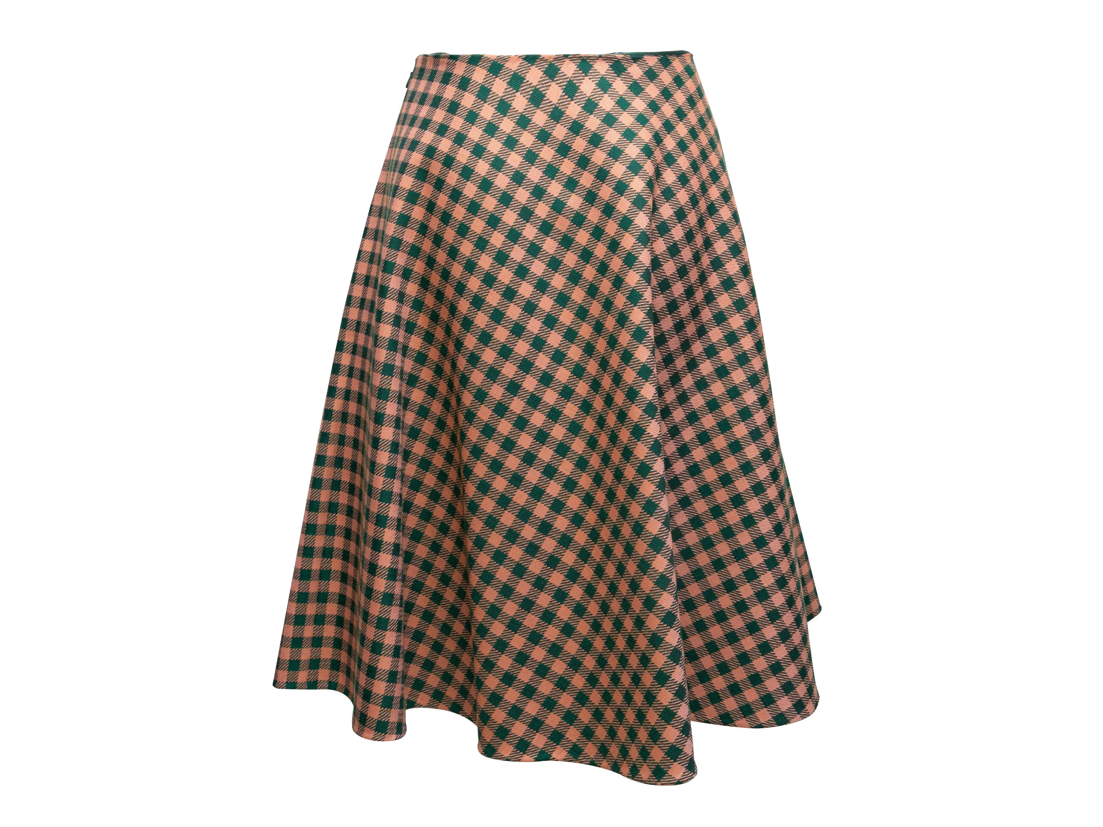 Dark Green & Orange Prada Virgin Wool Gingham A-Line Skirt Size IT 46 In Good Condition In New York, NY