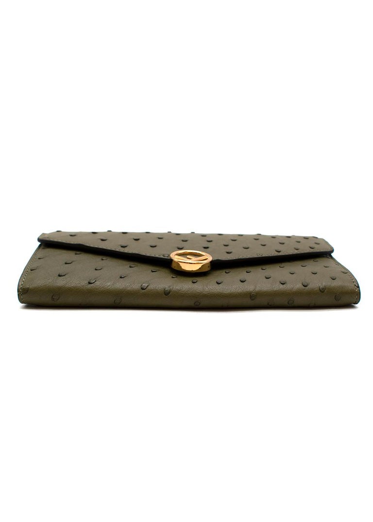 Brown Dark green ostrich flap long wallet on chain- OS For Sale