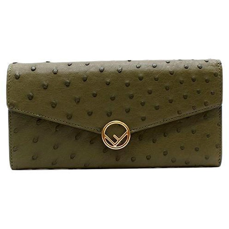Dark green ostrich flap long wallet on chain- OS For Sale