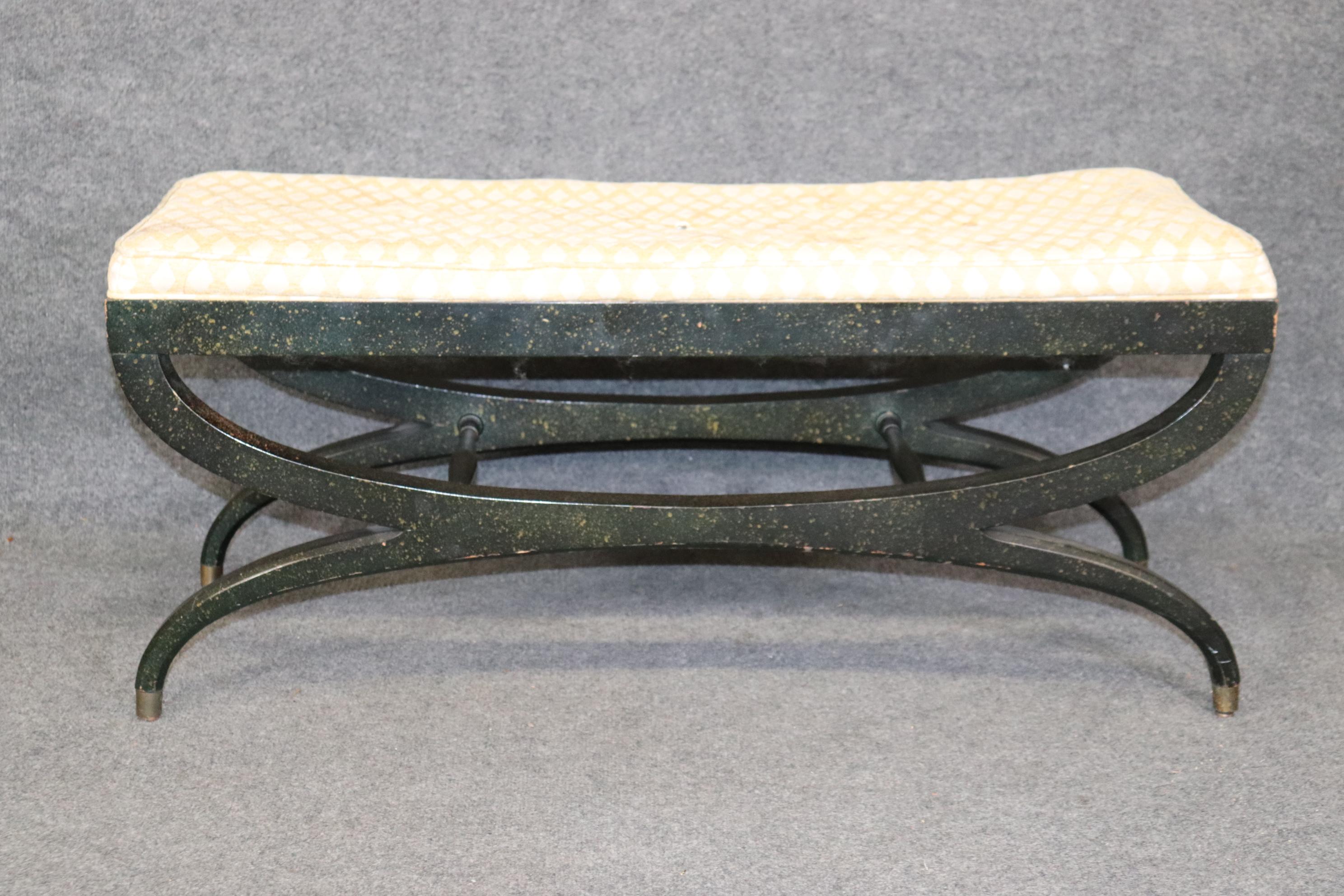 Mid-20th Century Dark Green Paint Decorated Tufted French Directoire Footstool Window bench  For Sale