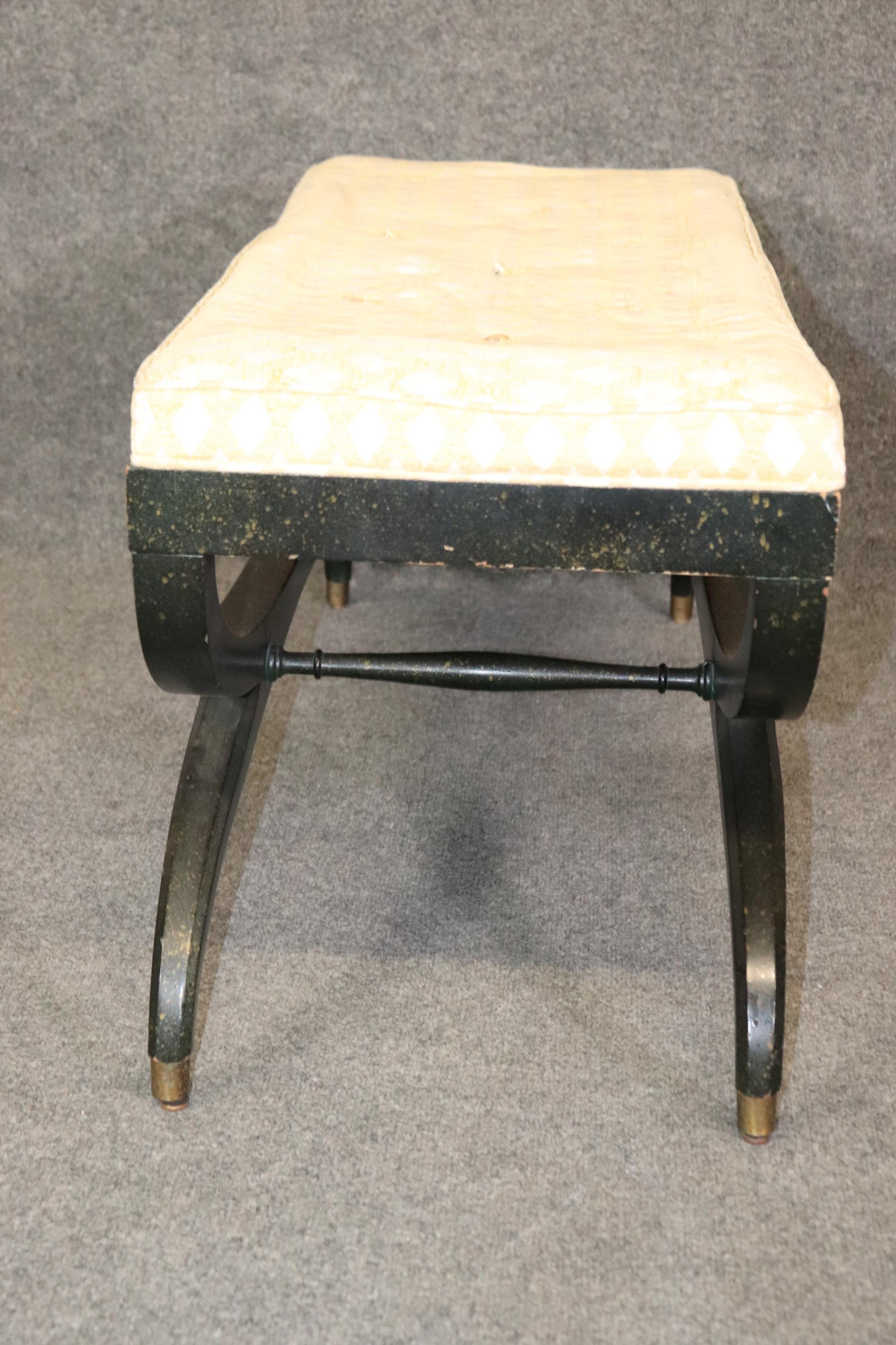 Walnut Dark Green Paint Decorated Tufted French Directoire Footstool Window bench  For Sale