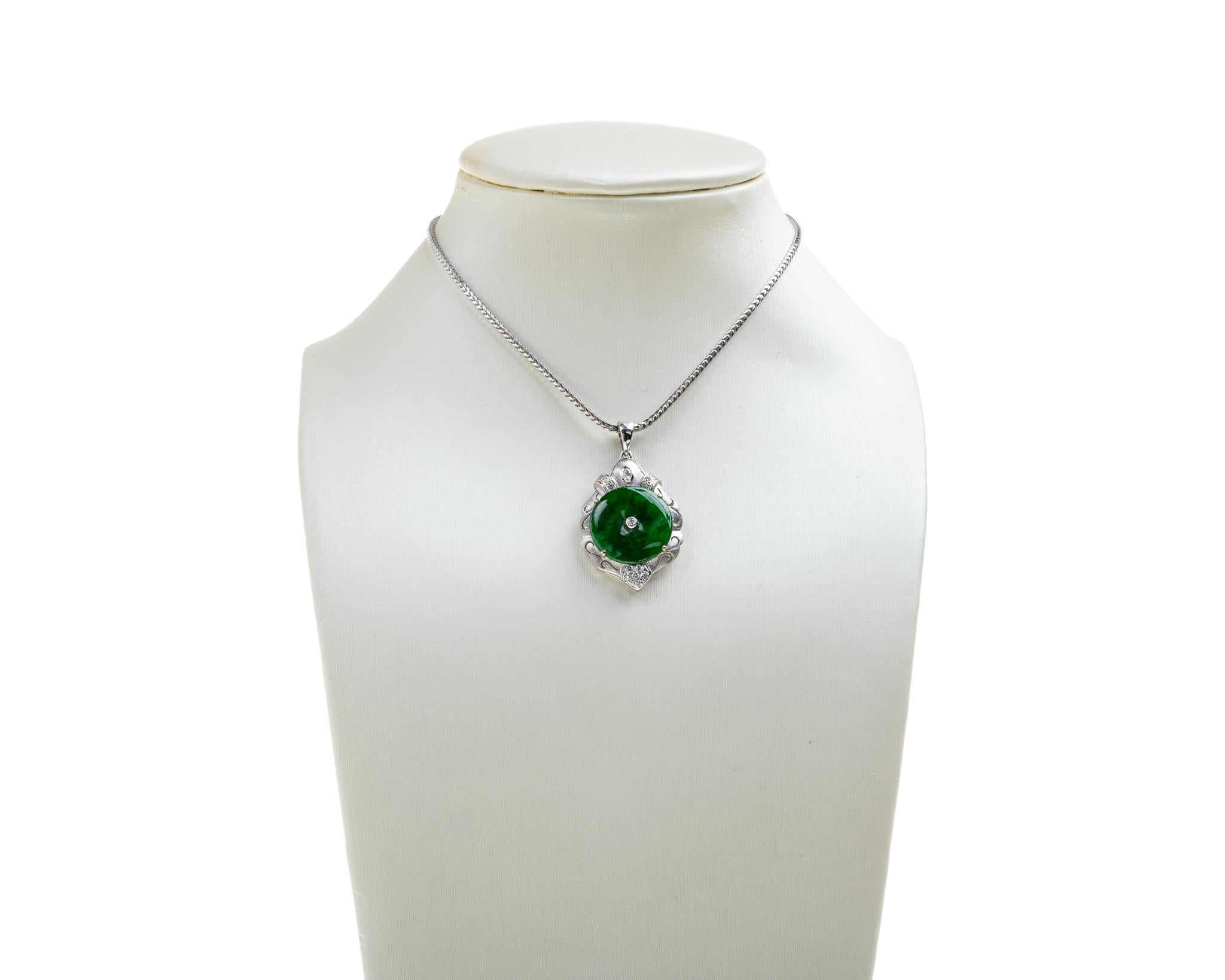 Women's or Men's Dark Green Pi Disc Jadeite Jade and Diamond Pendant, Certified Untreated For Sale