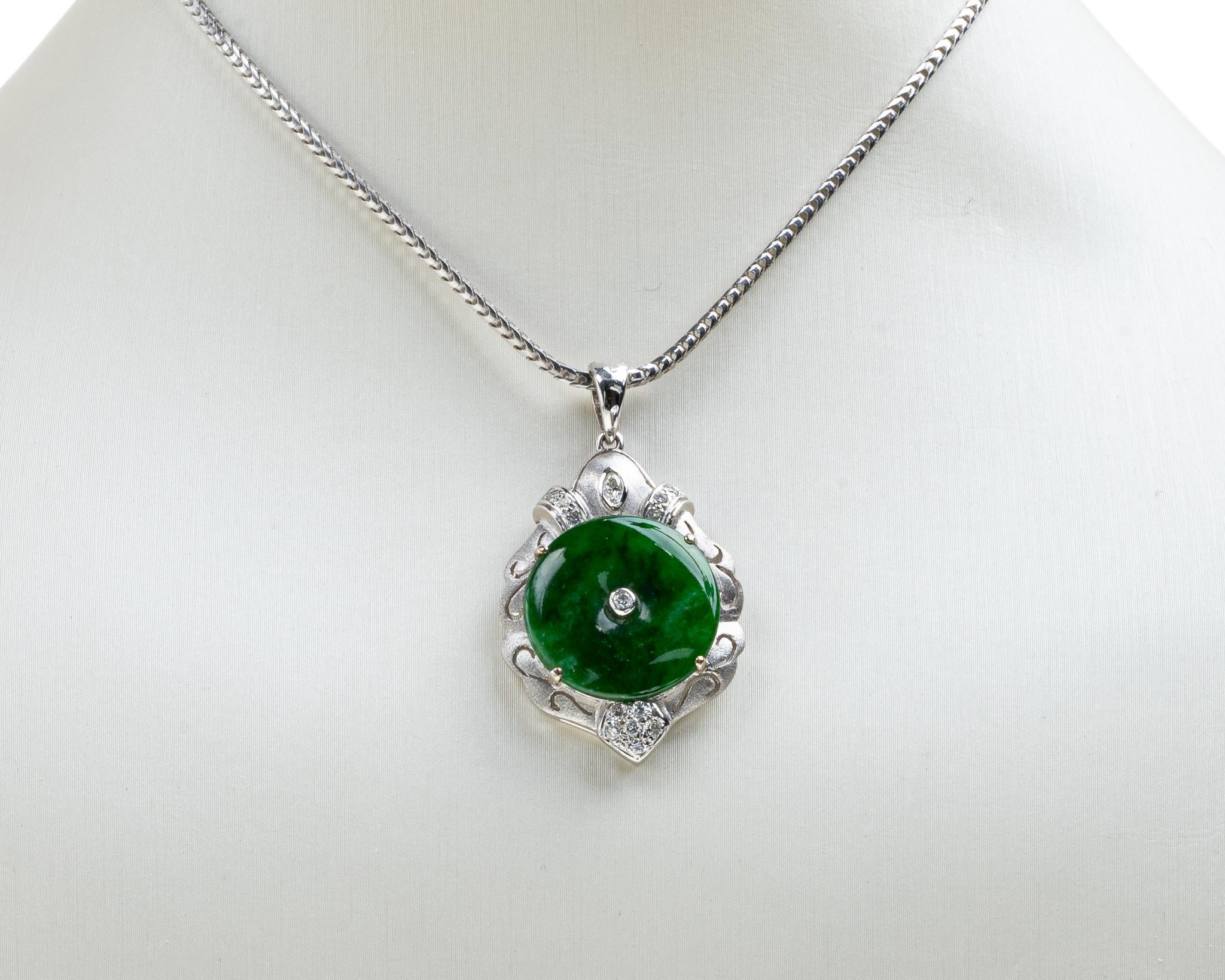 Dark Green Pi Disc Jadeite Jade and Diamond Pendant, Certified Untreated For Sale 1