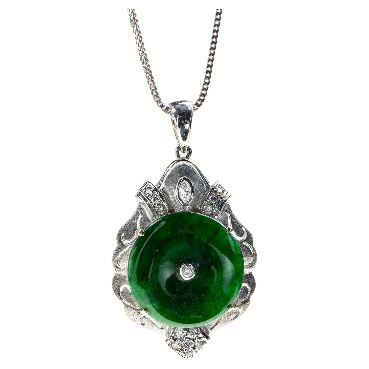 Dark Green Pi Disc Jadeite Jade and Diamond Pendant, Certified Untreated For Sale