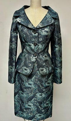 Emerald, Black and Gold Portrait Collar fitted Jacket with Matching Slim Skirt