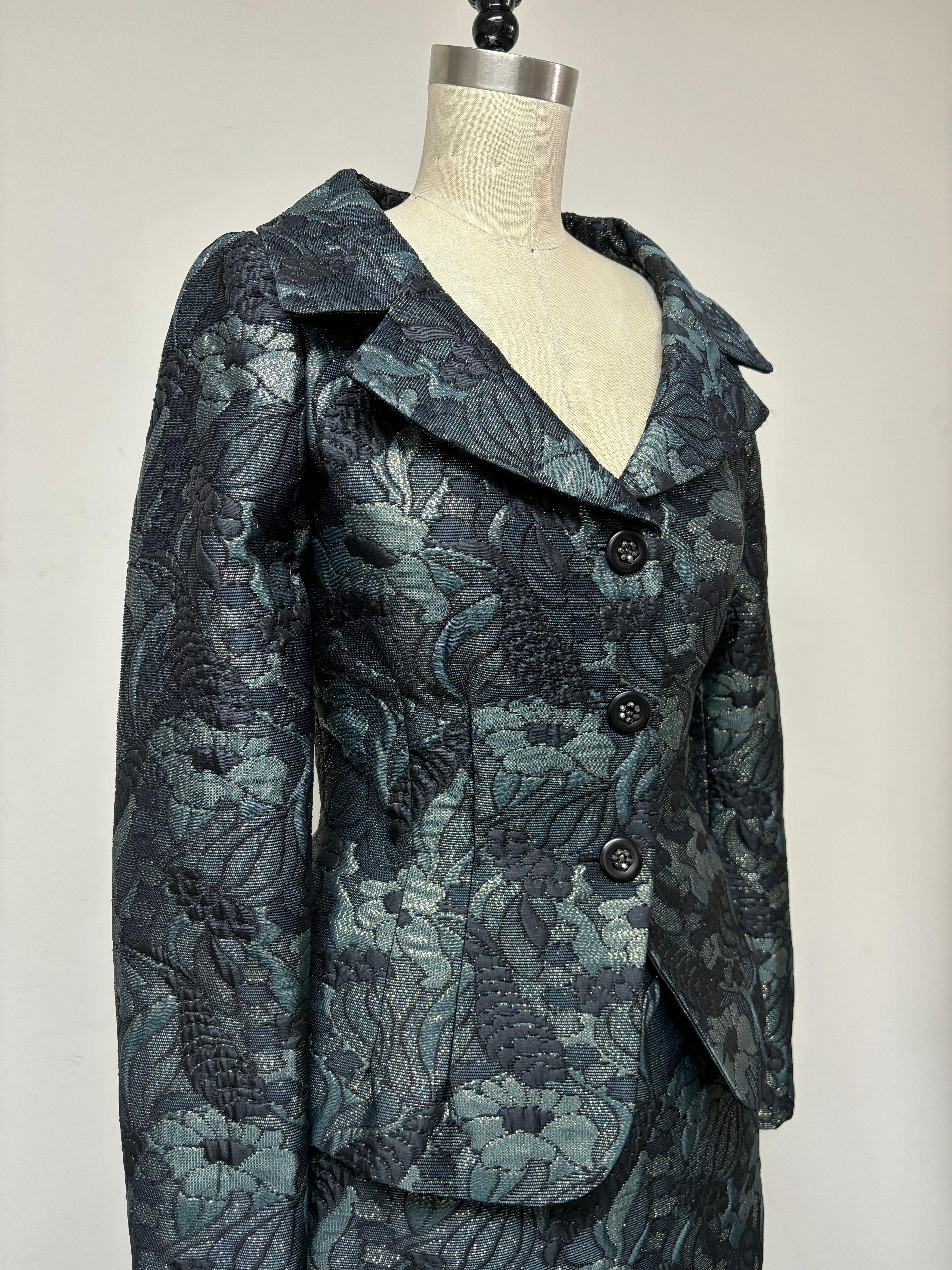 Women's Emerald, Black and Gold Portrait Collar Fitted Jacket with Matching Slim Skirt For Sale