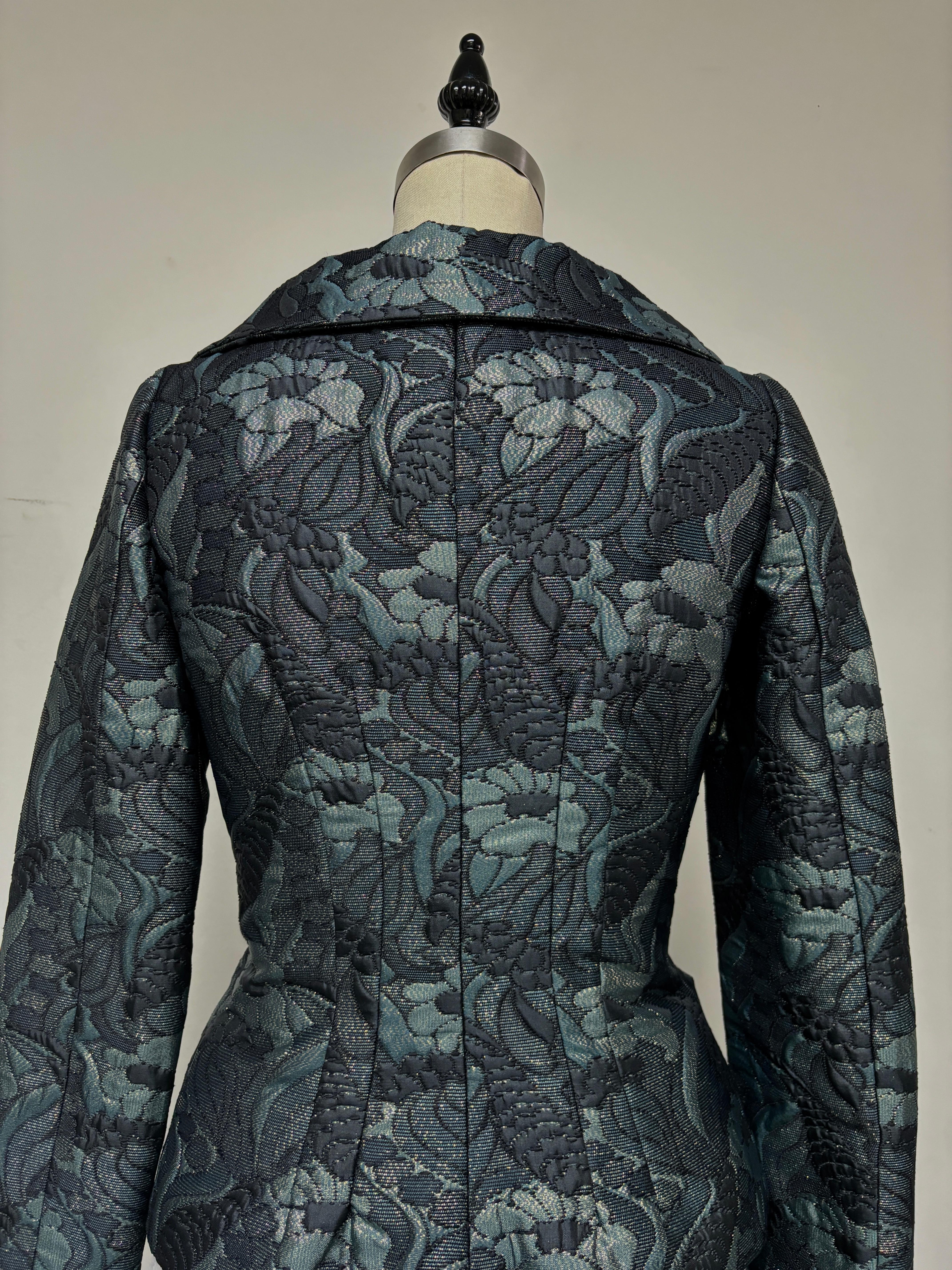 Emerald, Black and Gold Portrait Collar Fitted Jacket with Matching Slim Skirt For Sale 1