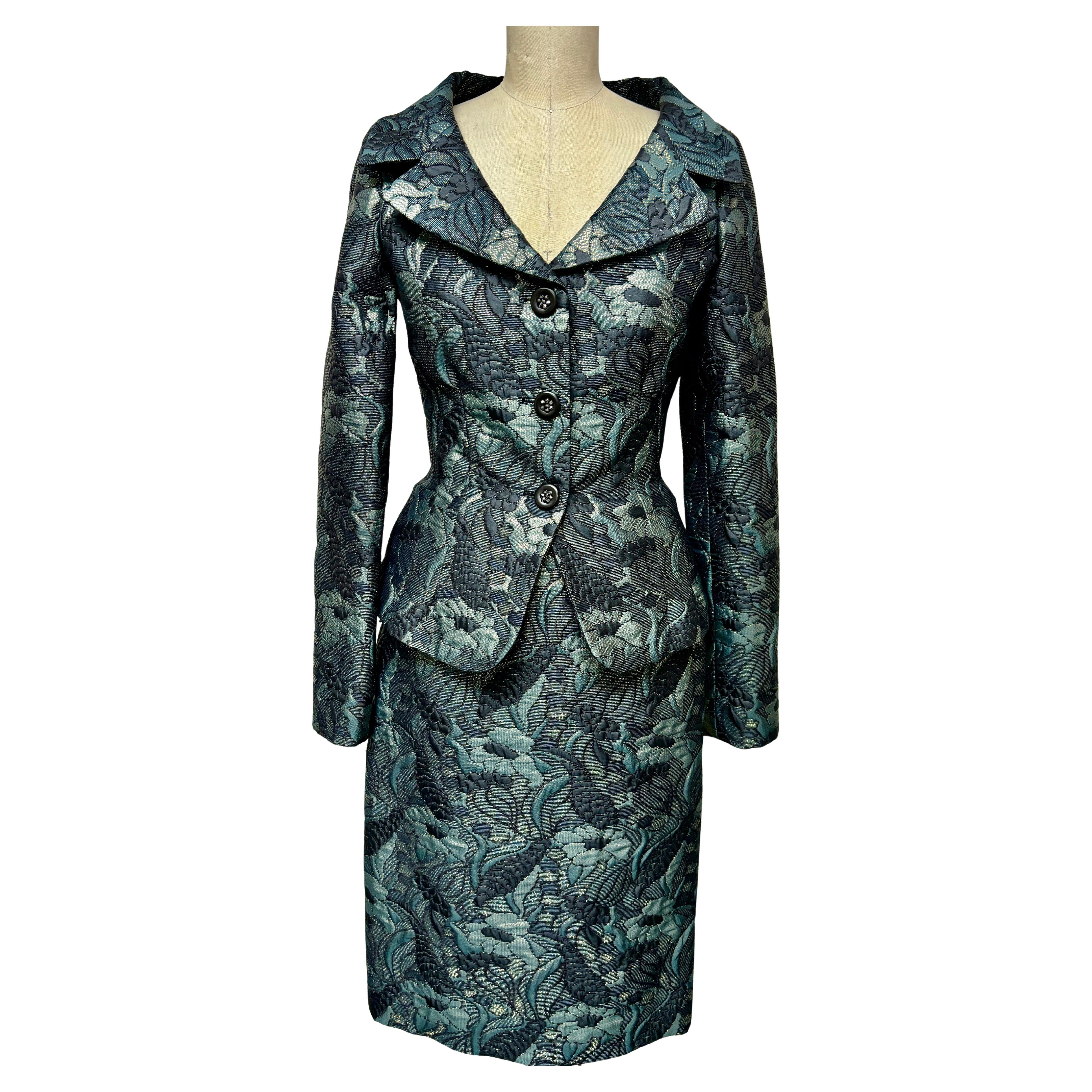 Emerald, Black and Gold Portrait Collar Fitted Jacket with Matching Slim Skirt For Sale