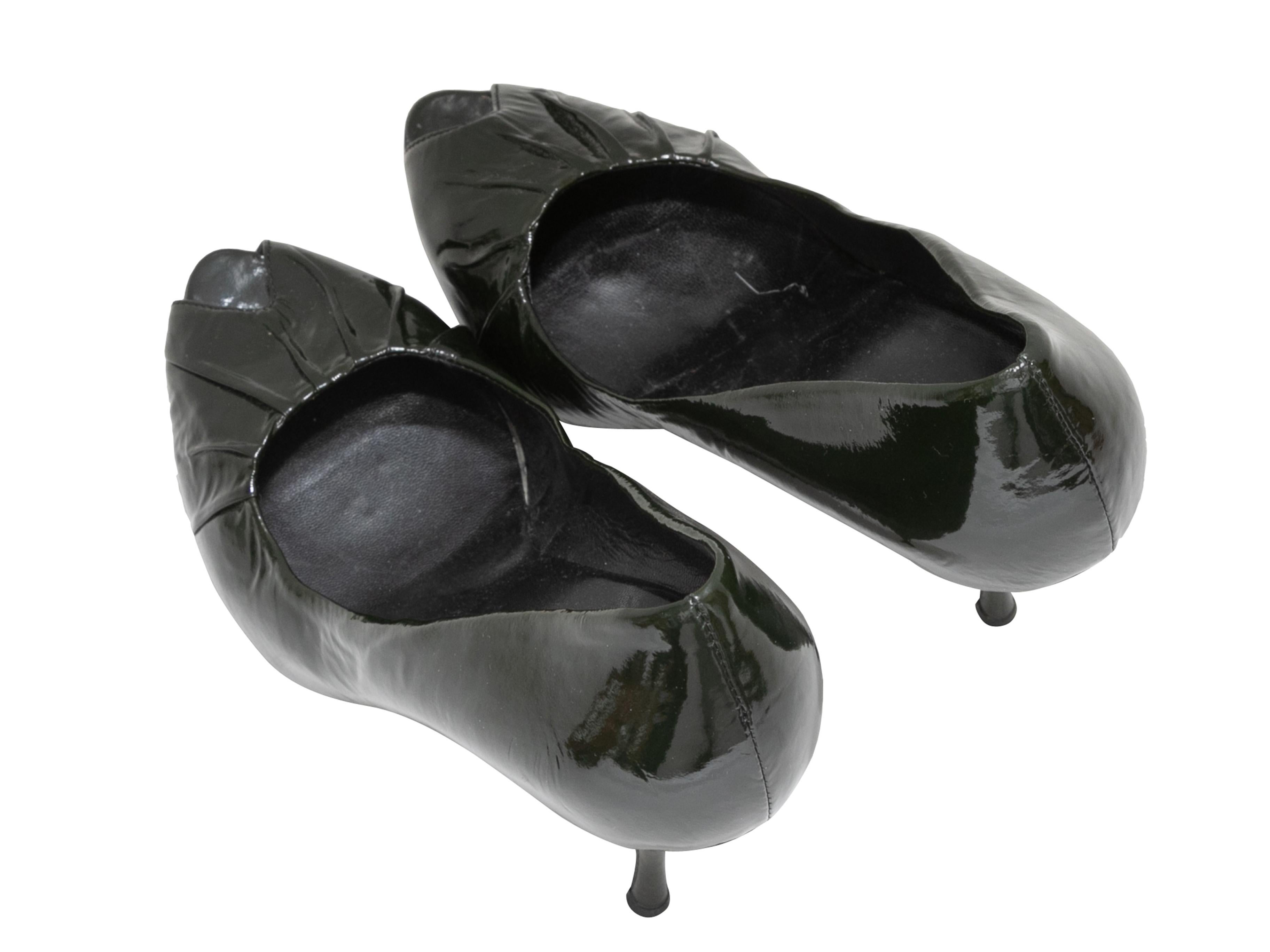Black Dark Green Prada Patent Peep-Toe Pumps Size 37.5 For Sale